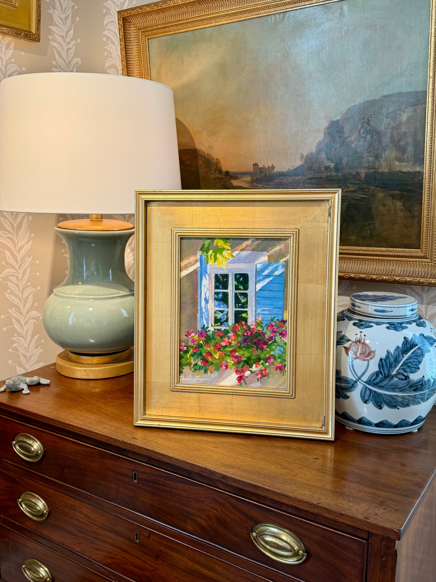 Diane Flanagan Joyful Cascade Window Box in Dappled Light Oil Painting in Gold Frame