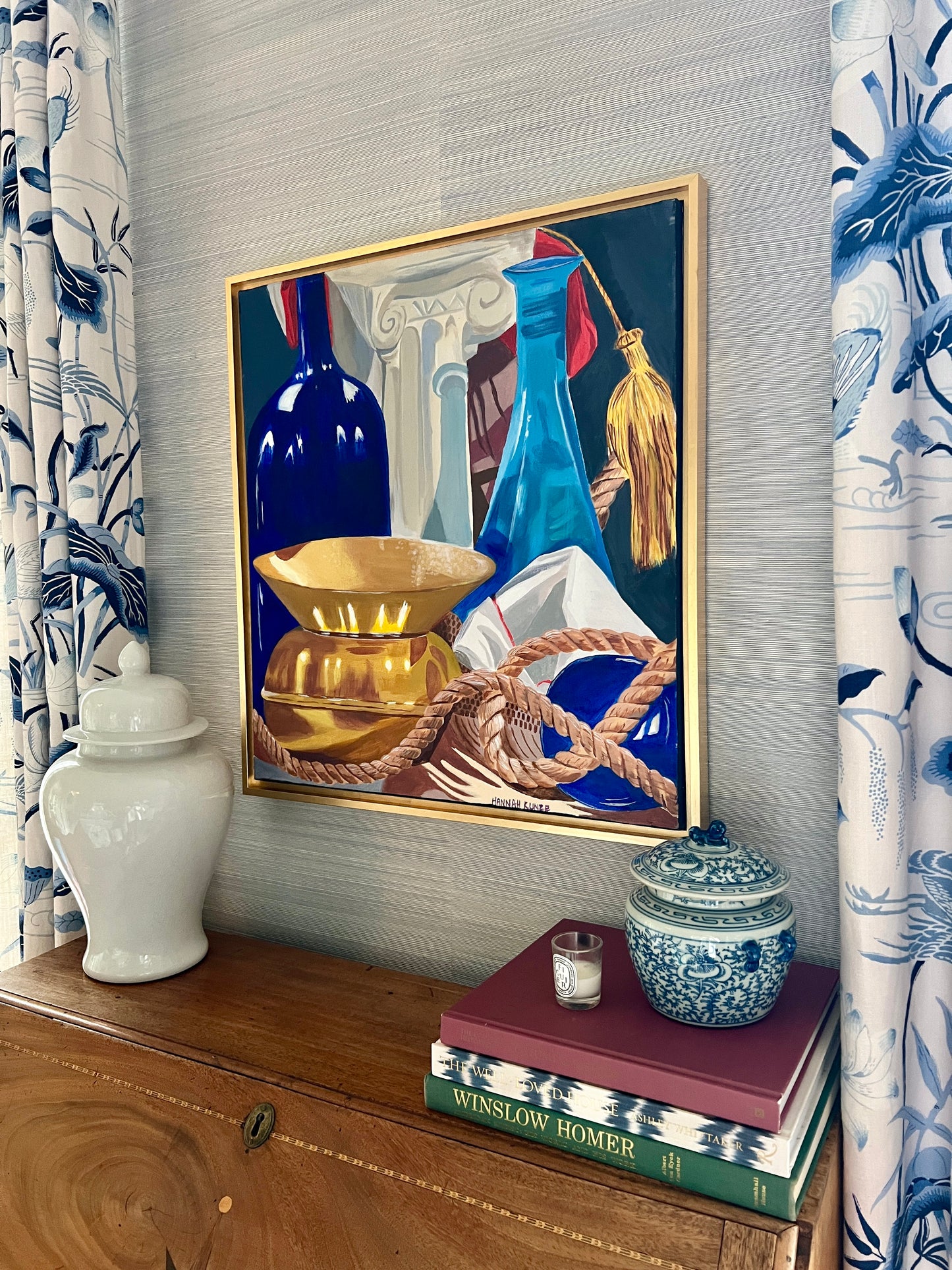 Contemporary Colorful Greek Still Life in Gold Floater Frame