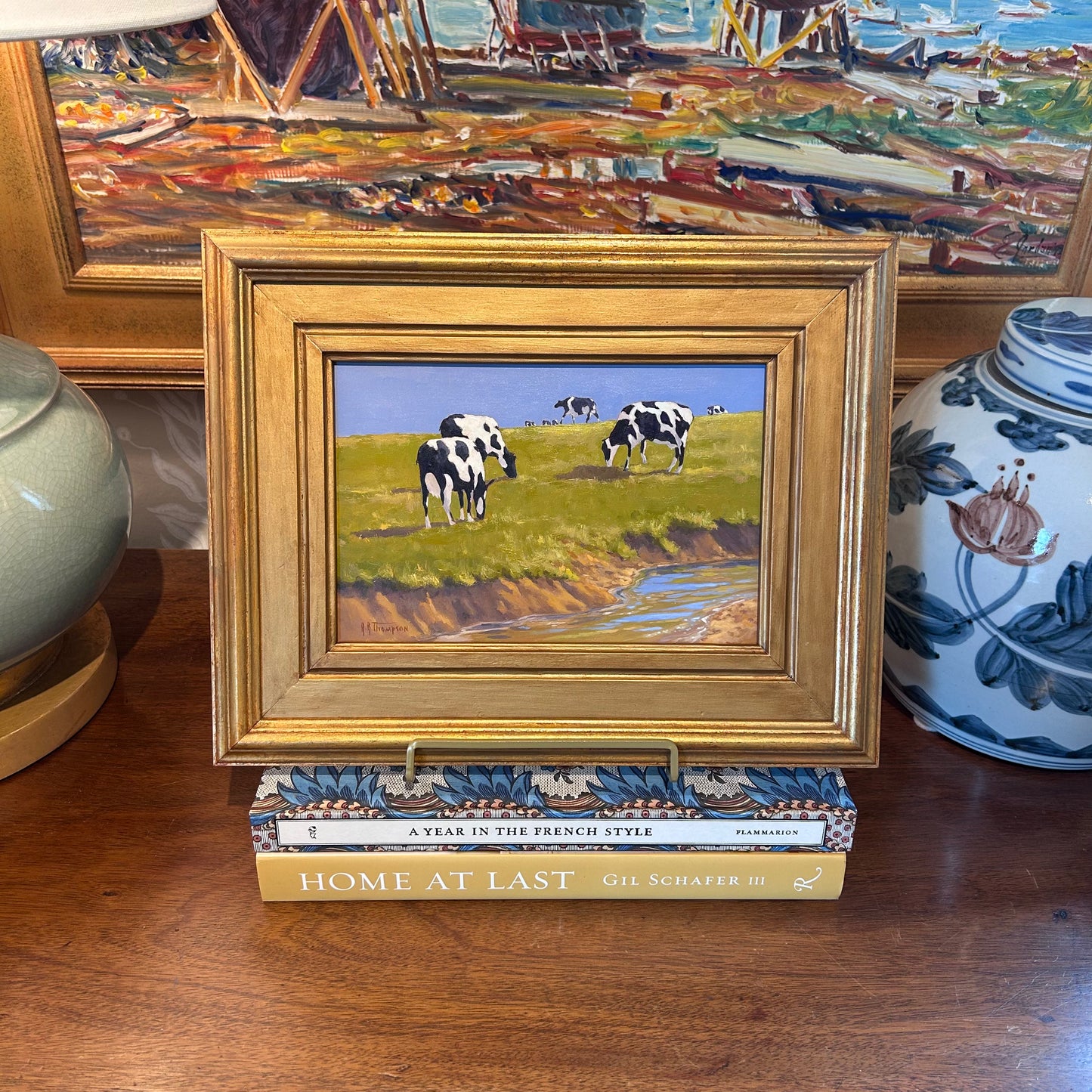 Anthony R. Thompson Blue Sky Cows in Landscape Oil Painting in Gold Frame