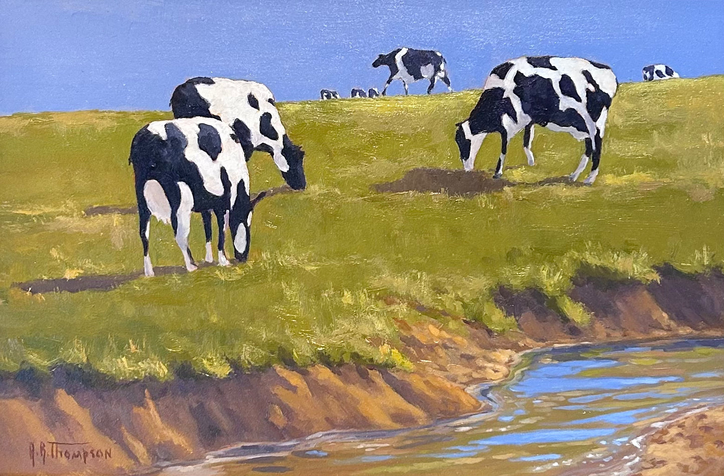 Anthony R. Thompson Blue Sky Cows in Landscape Oil Painting in Gold Frame