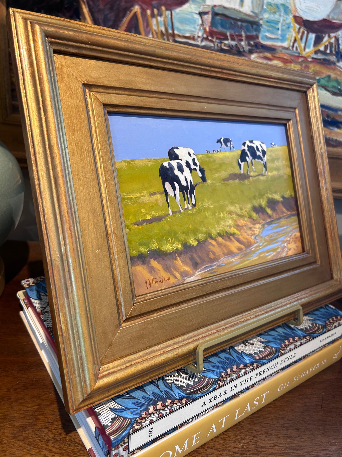 Anthony R. Thompson Blue Sky Cows in Landscape Oil Painting in Gold Frame