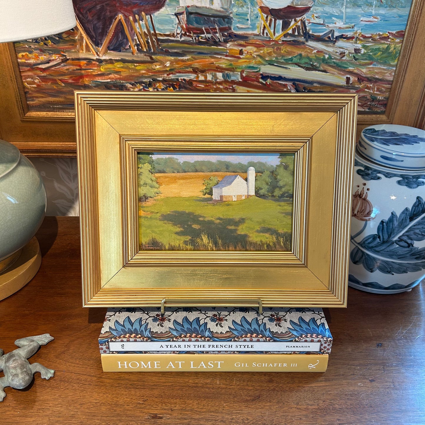 Anthony R. Thompson White Barn Morning Sun Country Landscape Oil Painting in Gold Frame