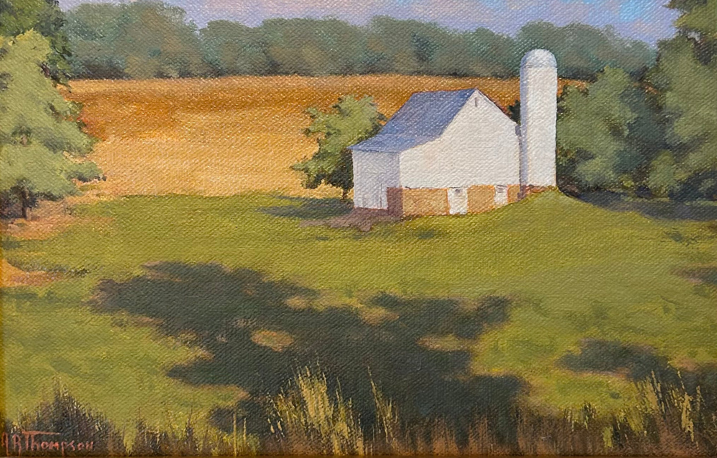 Anthony R. Thompson White Barn Morning Sun Country Landscape Oil Painting in Gold Frame