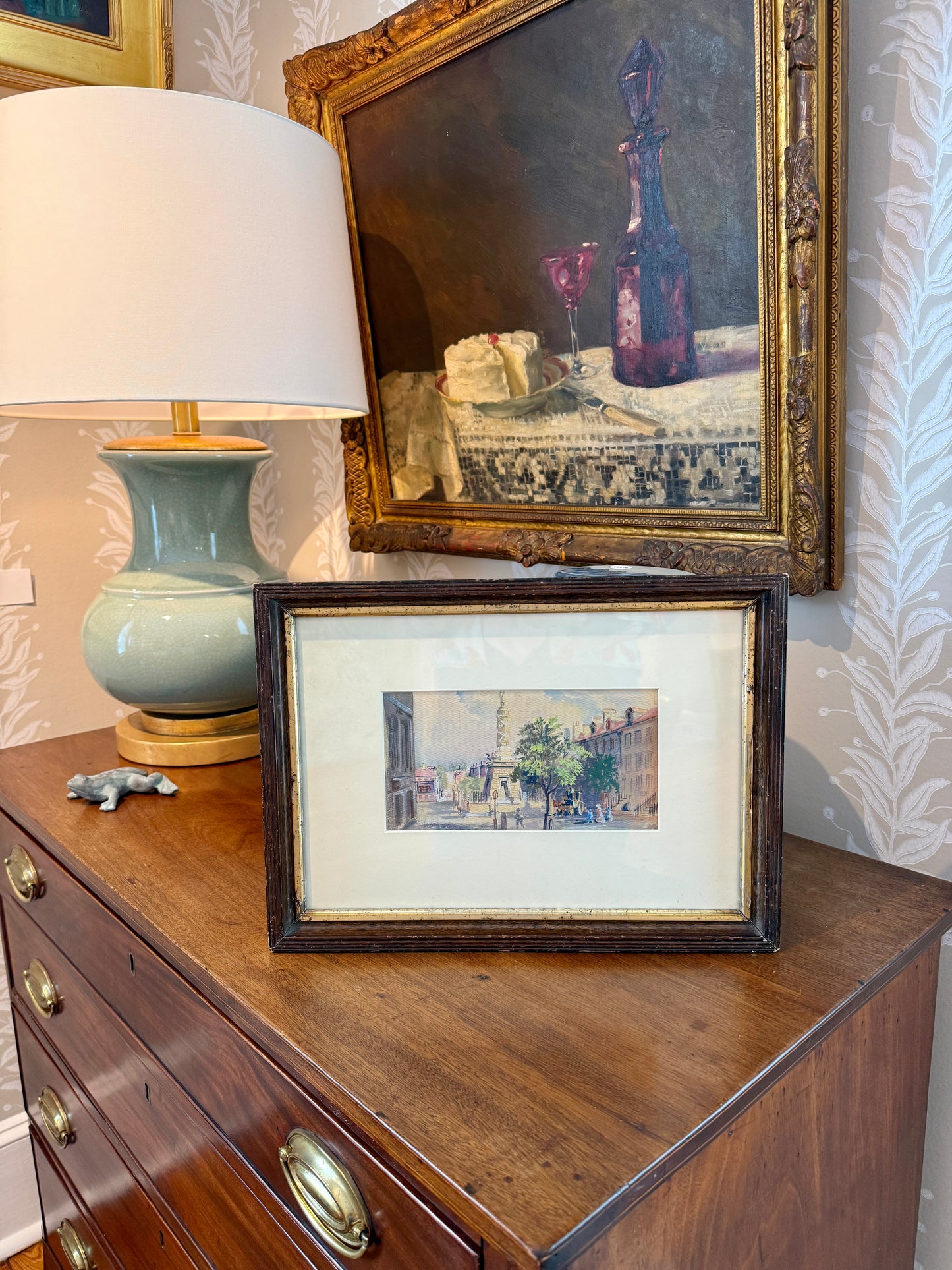 William Reginald Watkins Watercolor of the Battle Monument, Baltimore, MD in Wood and Gilded Frame