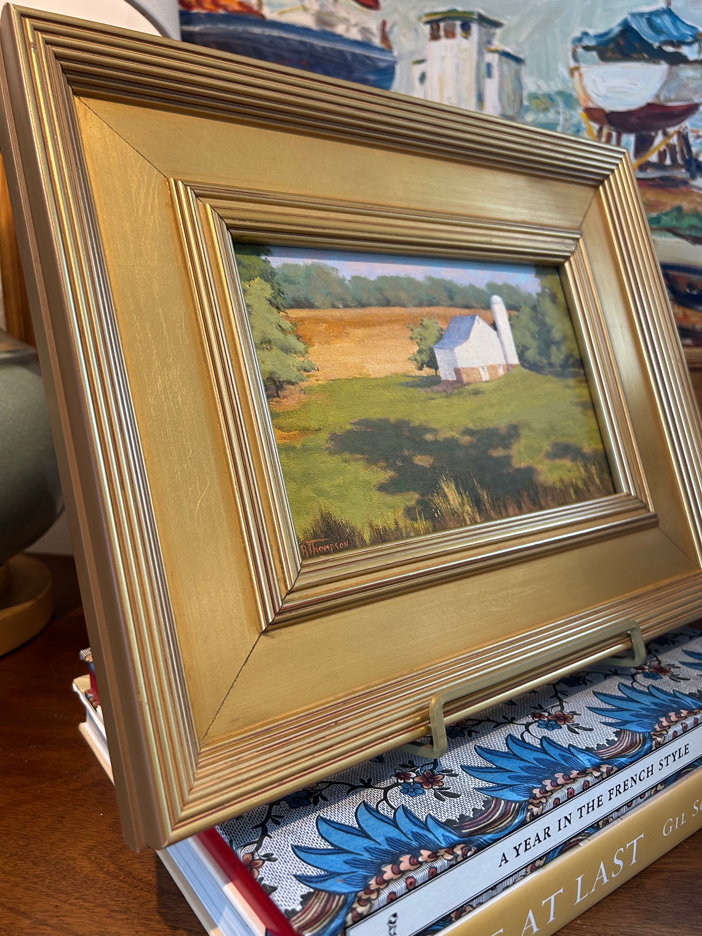 Anthony R. Thompson White Barn Morning Sun Country Landscape Oil Painting in Gold Frame