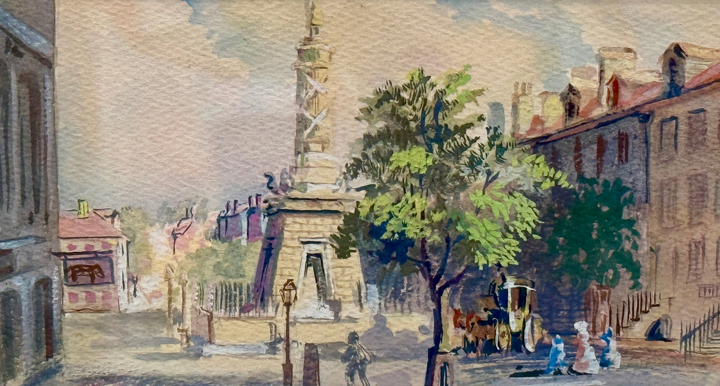 William Reginald Watkins Watercolor of the Battle Monument, Baltimore, MD in Wood and Gilded Frame