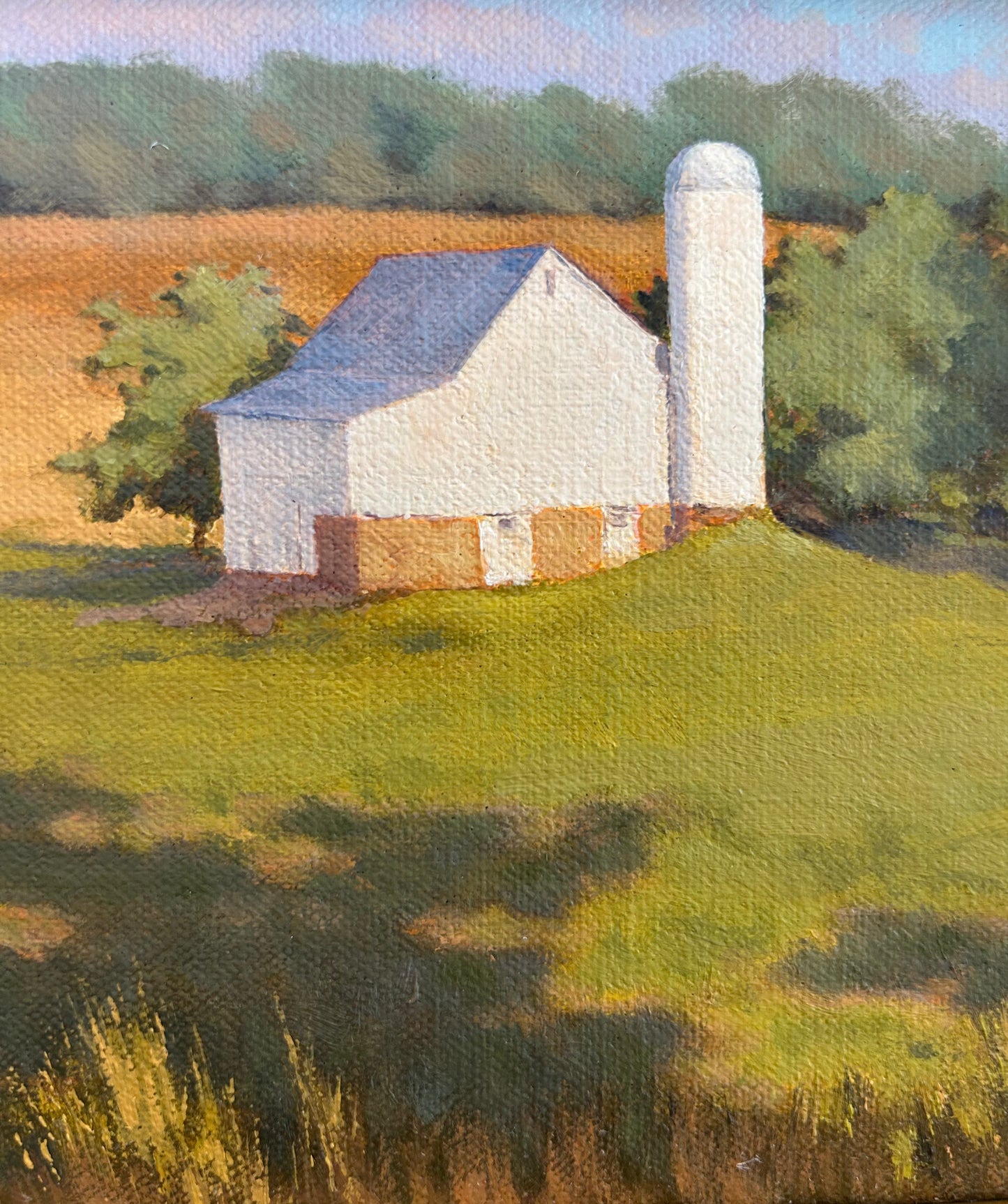 Anthony R. Thompson White Barn Morning Sun Country Landscape Oil Painting in Gold Frame
