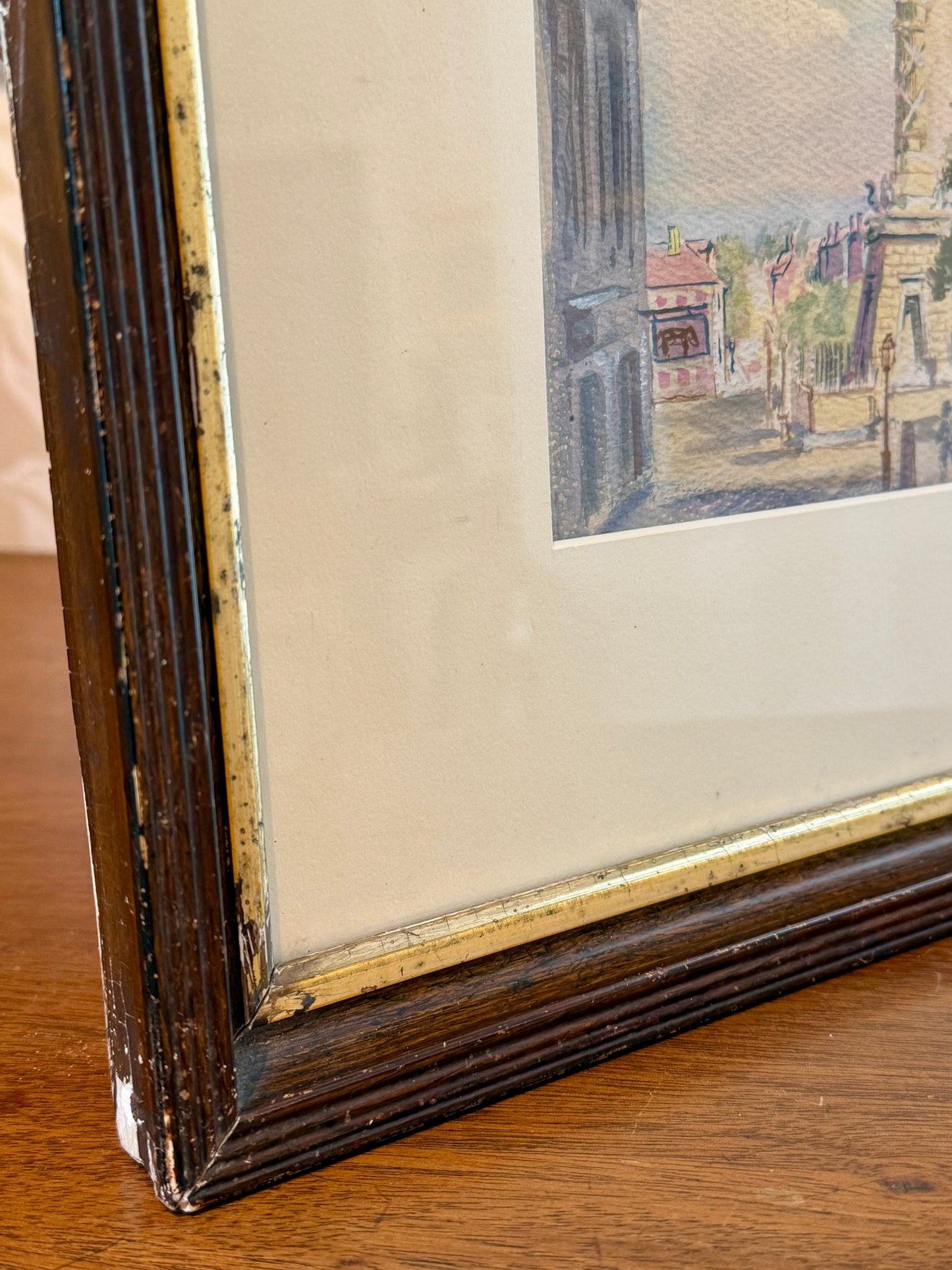 William Reginald Watkins Watercolor of the Battle Monument, Baltimore, MD in Wood and Gilded Frame