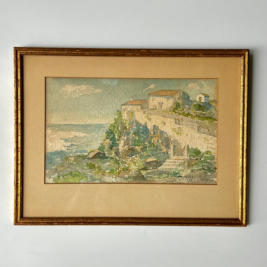 1930 Italian Coastal Landscape Watercolor Painting in Gold Frame