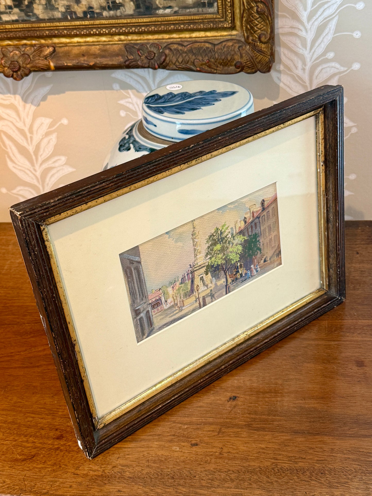 William Reginald Watkins Watercolor of the Battle Monument, Baltimore, MD in Wood and Gilded Frame