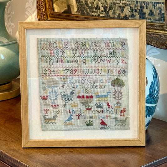 1892 Cross Stitch Sampler Worked by Emily Galley 12 Years Old in Natural Wood Frame