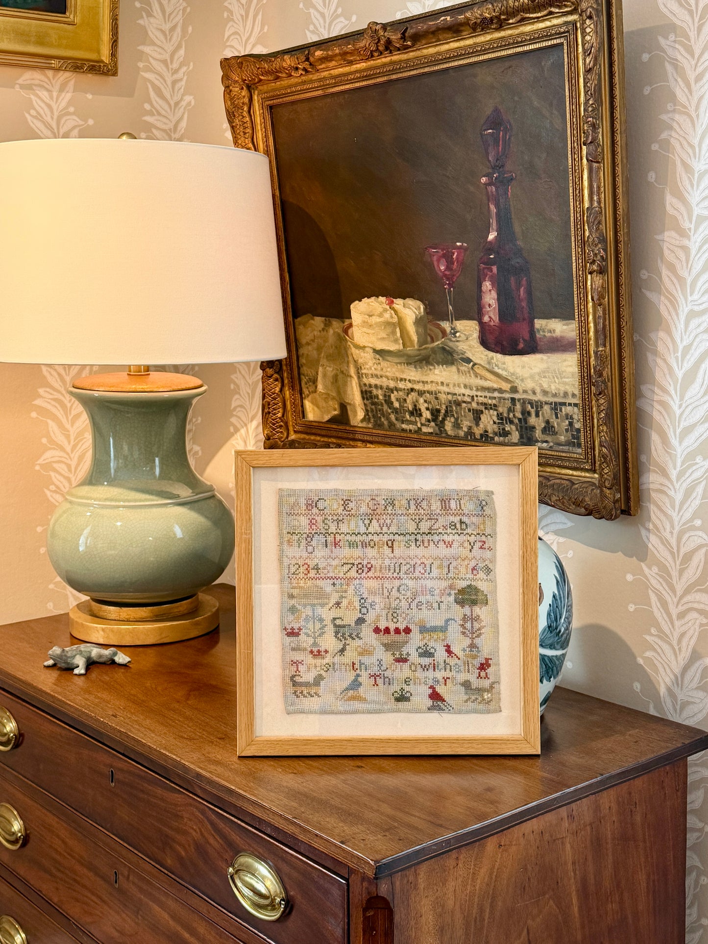 1892 Cross Stitch Sampler Worked by Emily Galley 12 Years Old in Natural Wood Frame