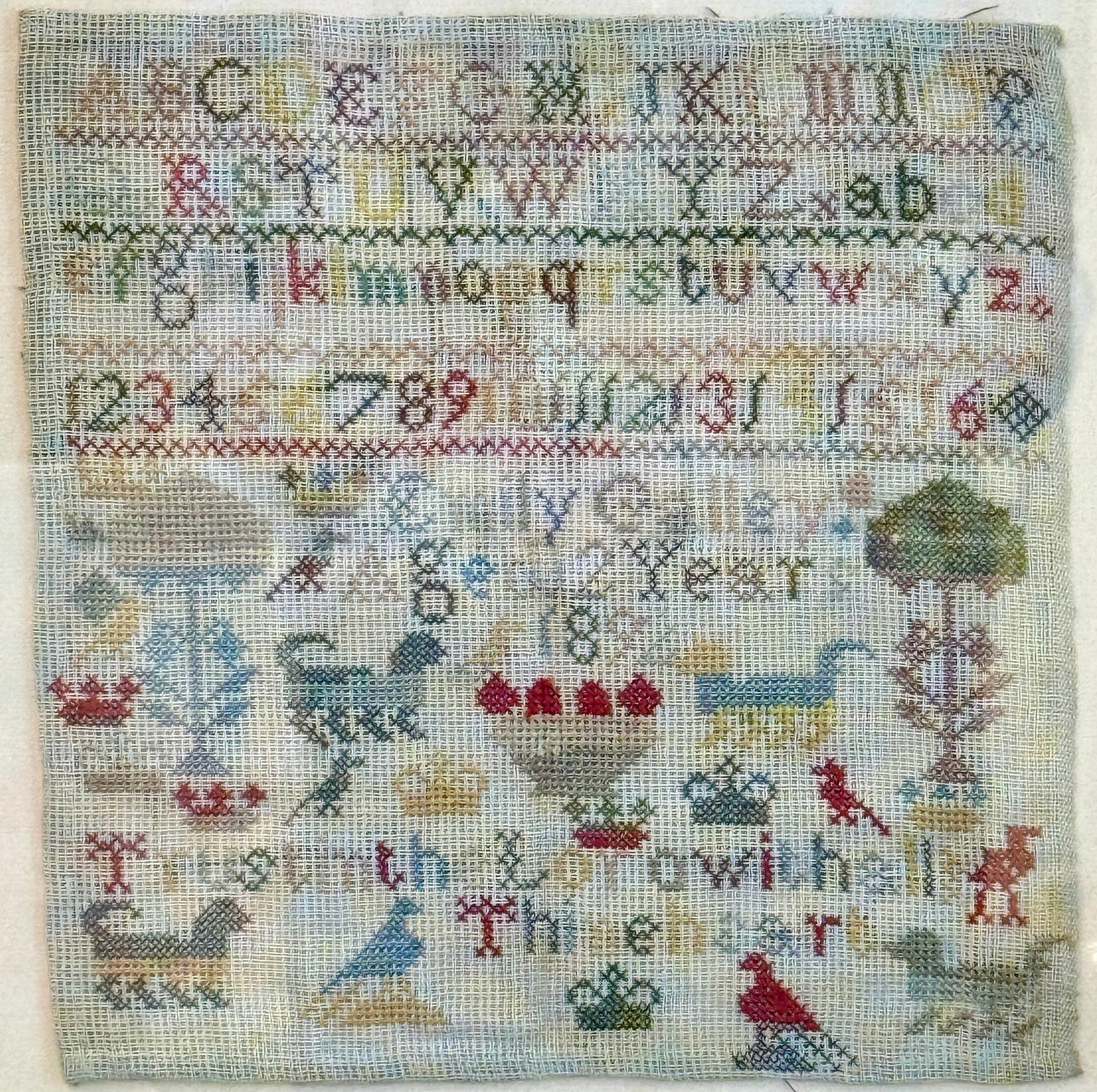 1892 Cross Stitch Sampler Worked by Emily Galley 12 Years Old in Natural Wood Frame