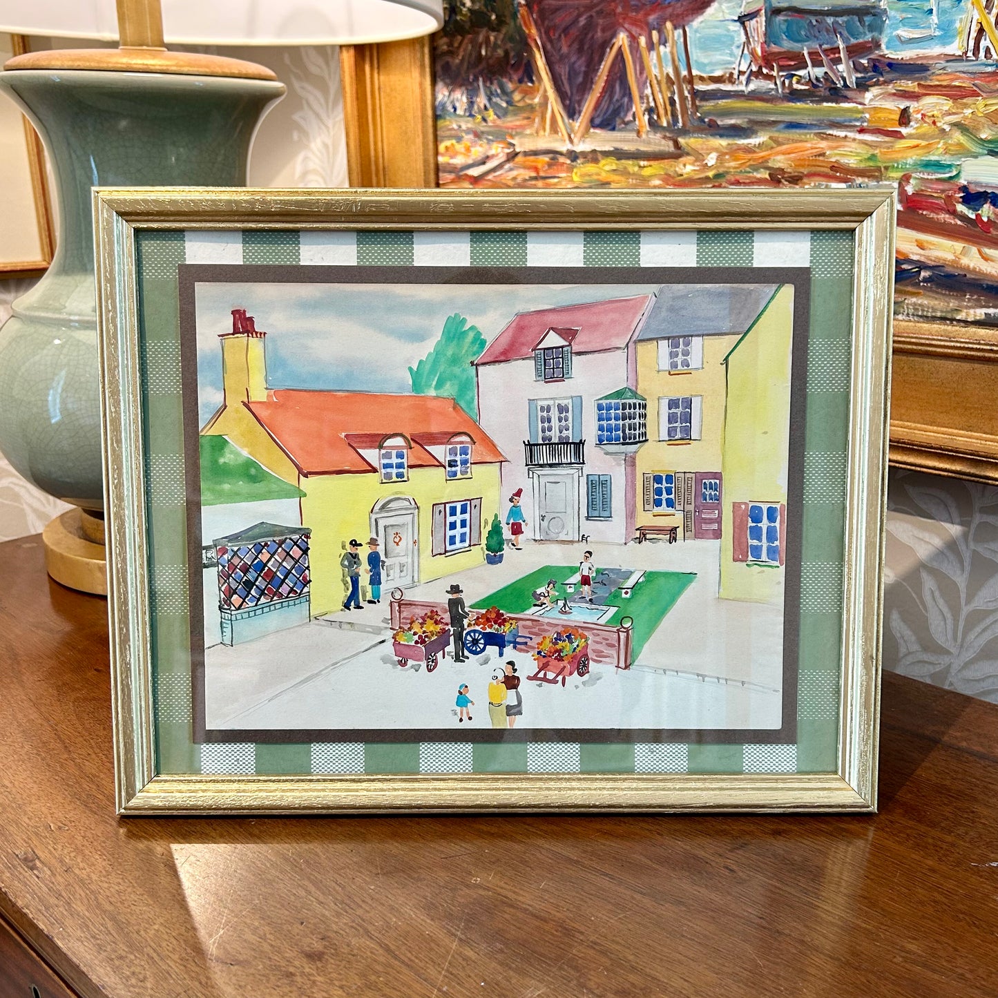Victoria Donohue Flower Cart and Toy Sailboats Townscape Watercolor Painting on Green Gingham in Gold Frame