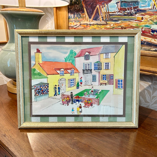 Victoria Donohue Flower Cart and Toy Sailboats Townscape Watercolor Painting on Green Gingham in Gold Frame