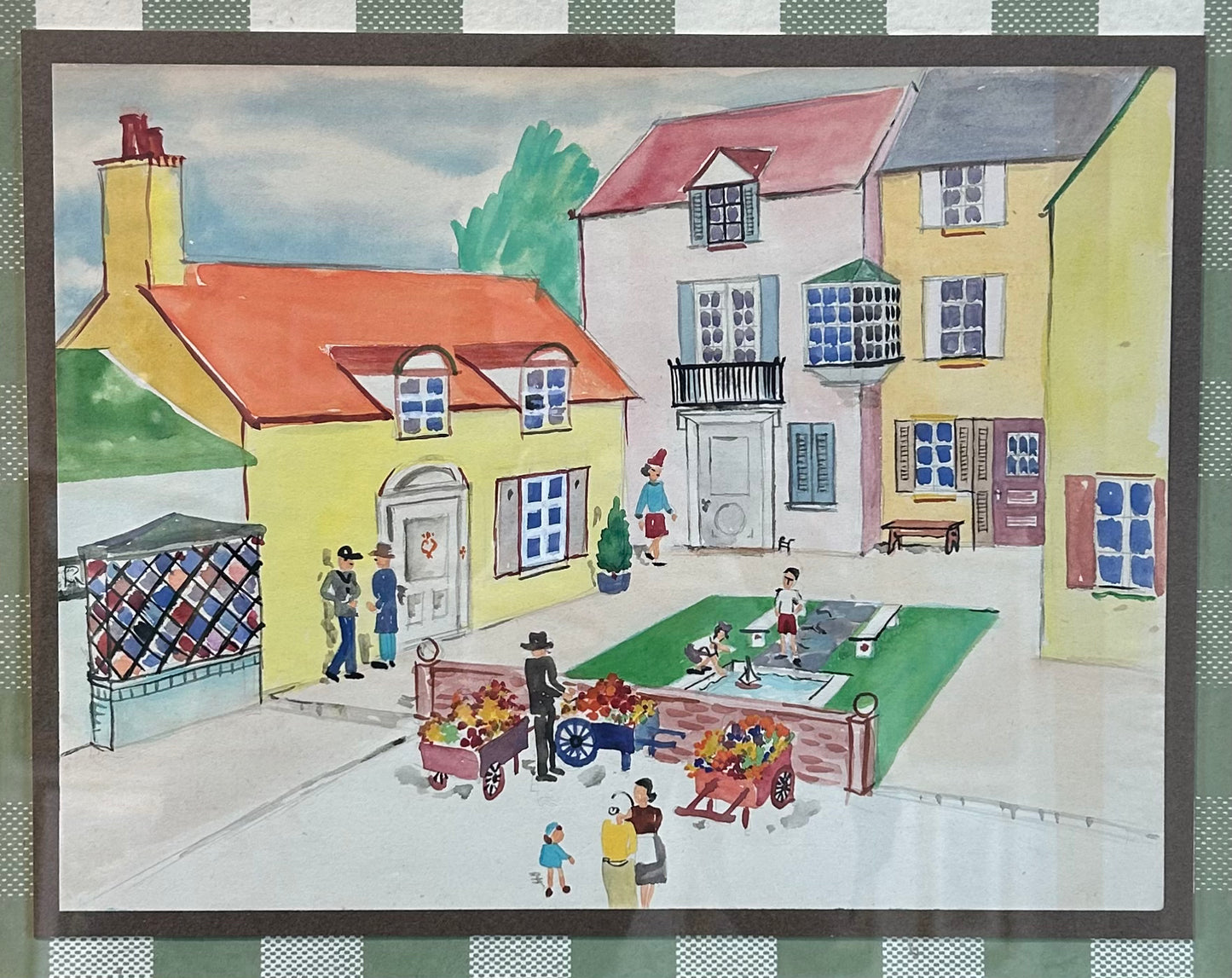 Victoria Donohue Flower Cart and Toy Sailboats Townscape Watercolor Painting on Green Gingham in Gold Frame