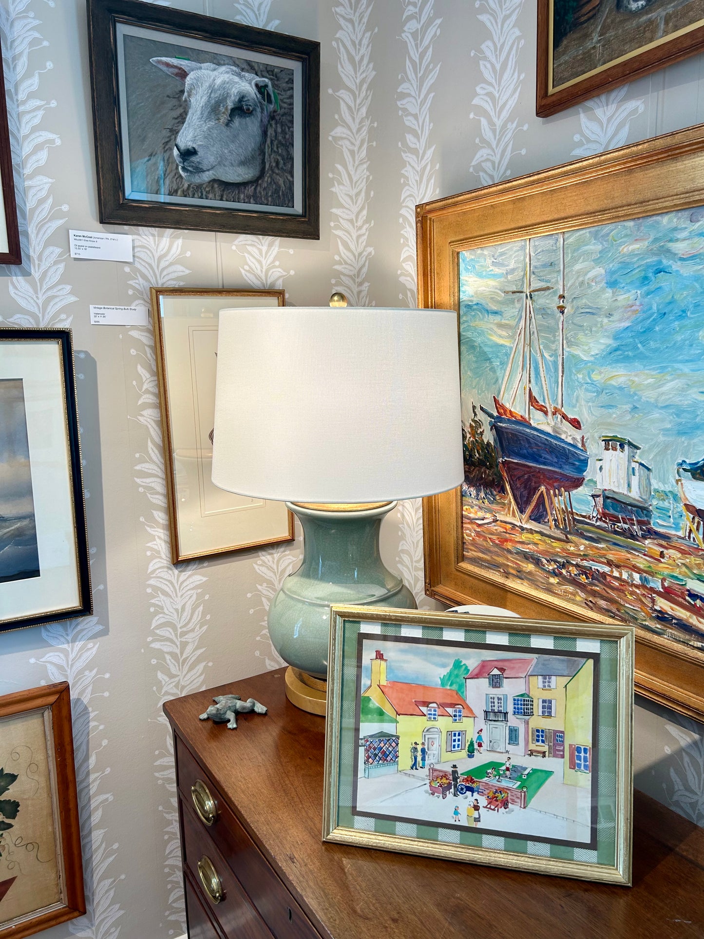 Victoria Donohue Flower Cart and Toy Sailboats Townscape Watercolor Painting on Green Gingham in Gold Frame