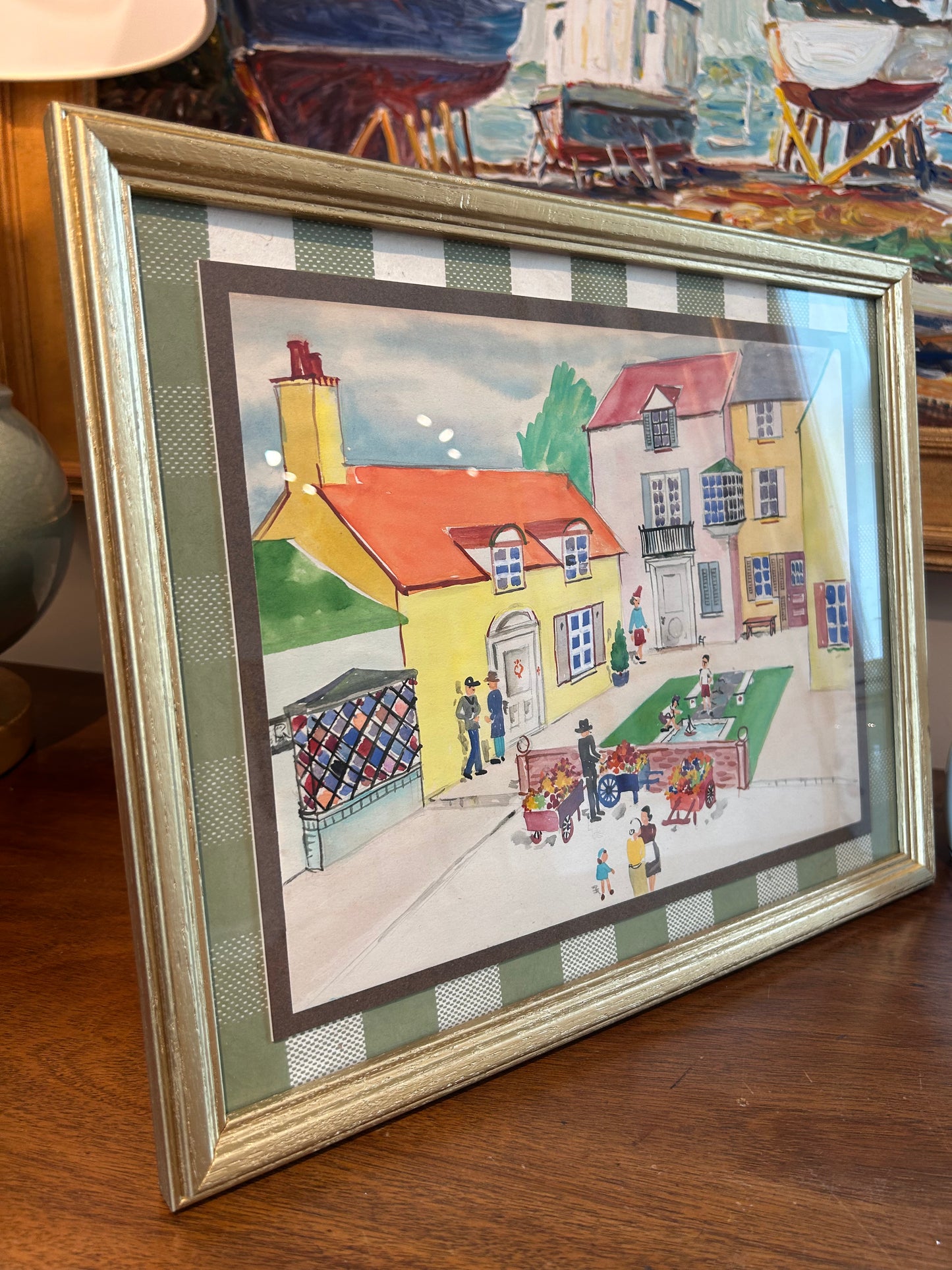 Victoria Donohue Flower Cart and Toy Sailboats Townscape Watercolor Painting on Green Gingham in Gold Frame