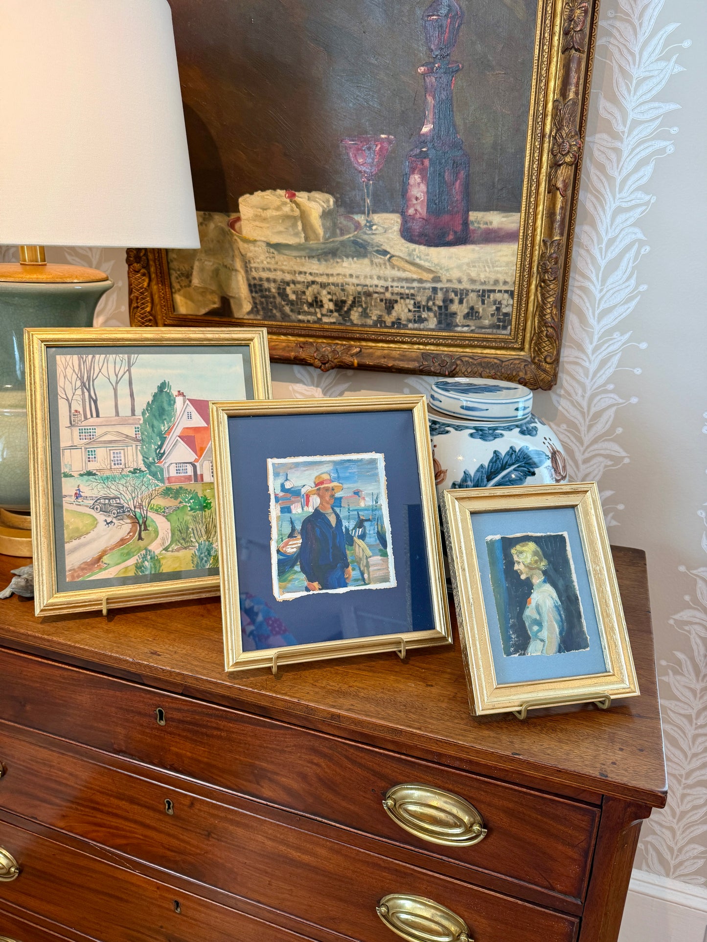 Victoria Donohue Blonde Lady Portrait on Light Blue Oil Painting in Vintage Gold Frame