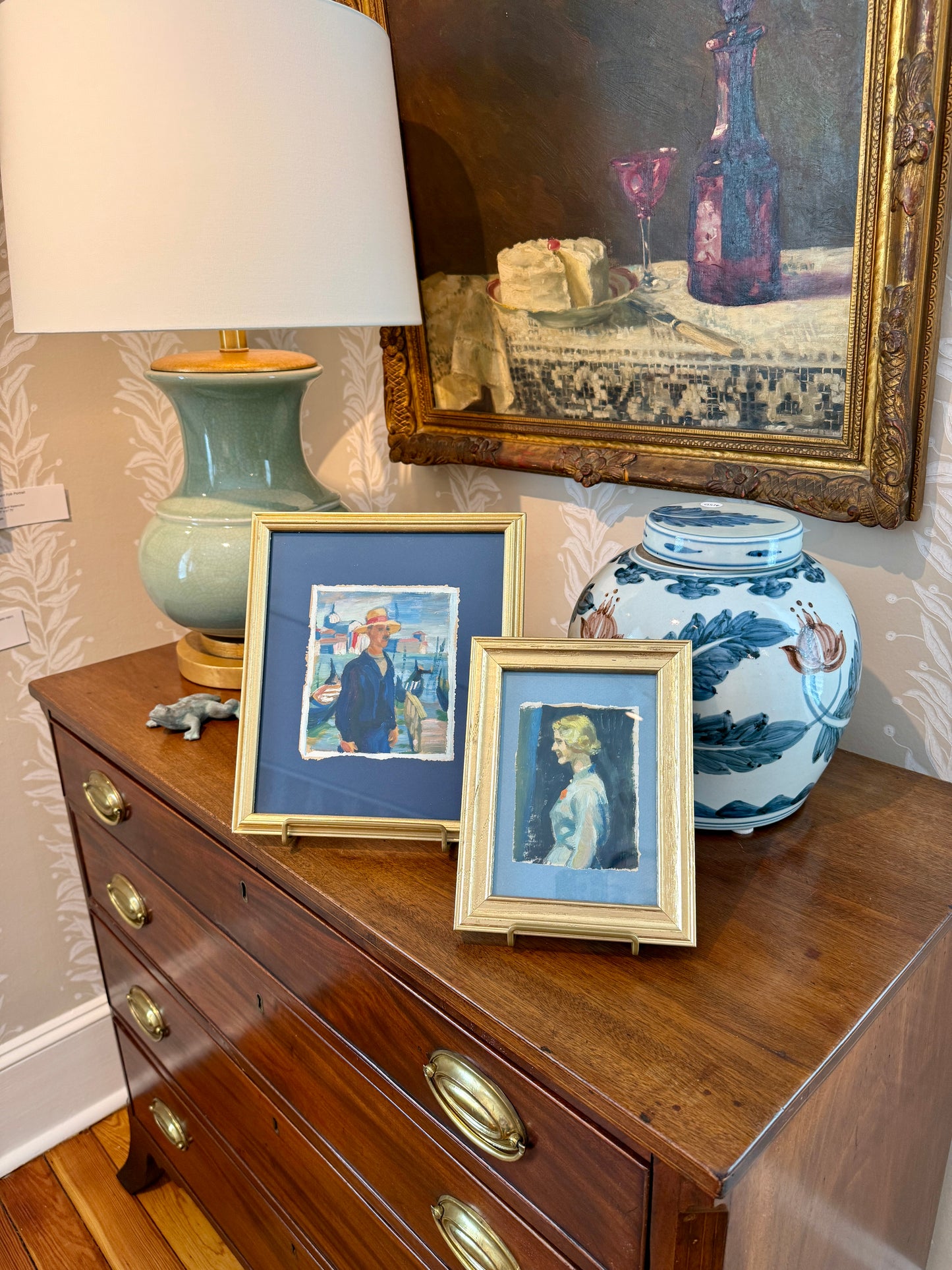 Victoria Donohue Blonde Lady Portrait on Light Blue Oil Painting in Vintage Gold Frame