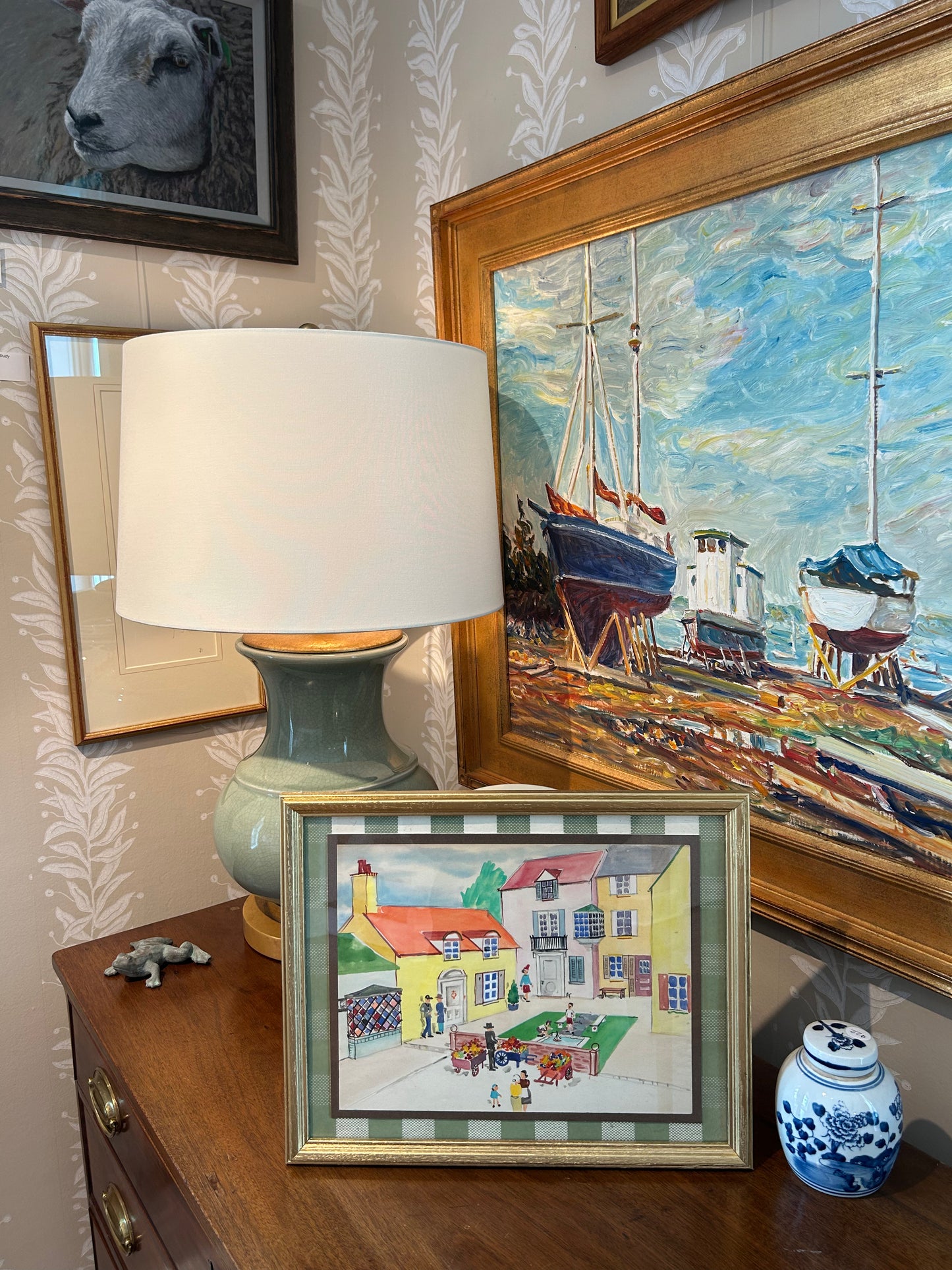 Victoria Donohue Gardens and Fountain Townscape Watercolor Painting on Green Gingham in Gold Frame