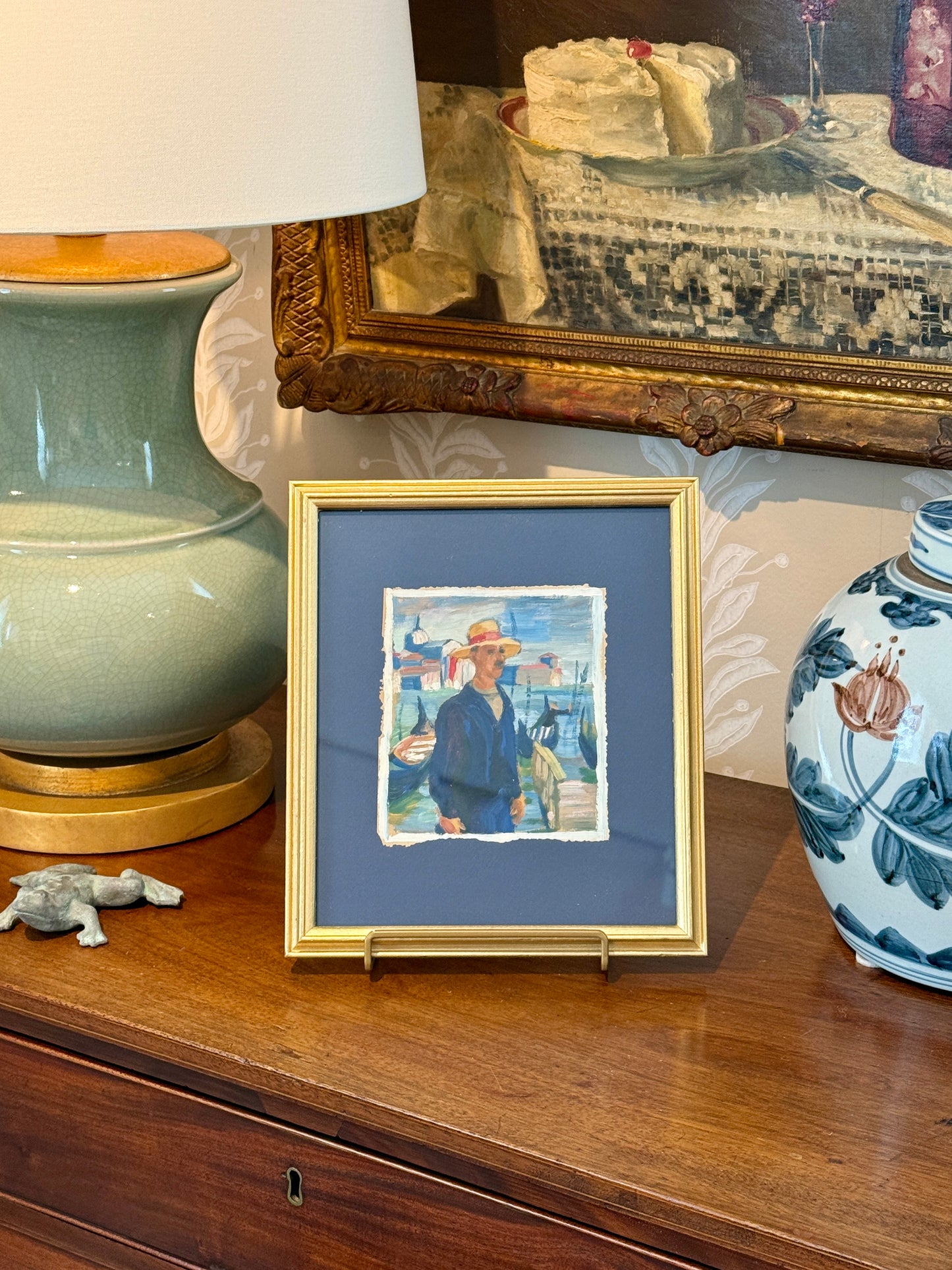 Victoria Donohue Venice Italy Gondolier Portrait on Navy Blue in Vintage Gold Frame