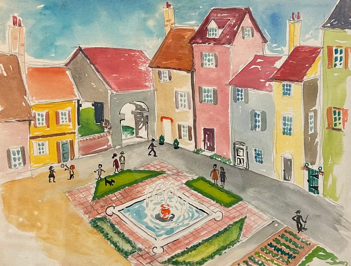 Victoria Donohue Gardens and Fountain Townscape Watercolor Painting on Green Gingham in Gold Frame