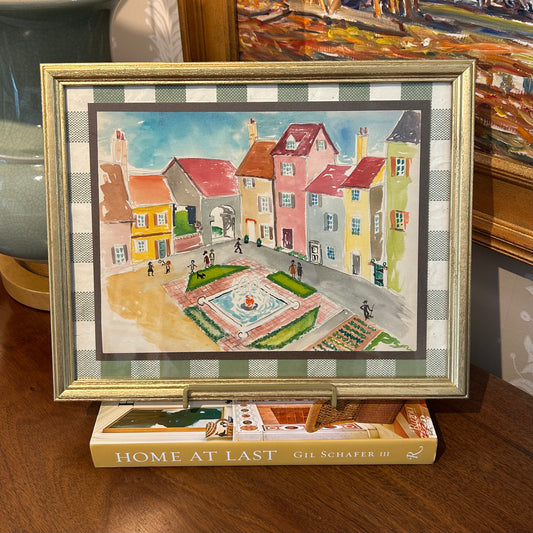 Victoria Donohue Gardens and Fountain Townscape Watercolor Painting on Green Gingham in Gold Frame