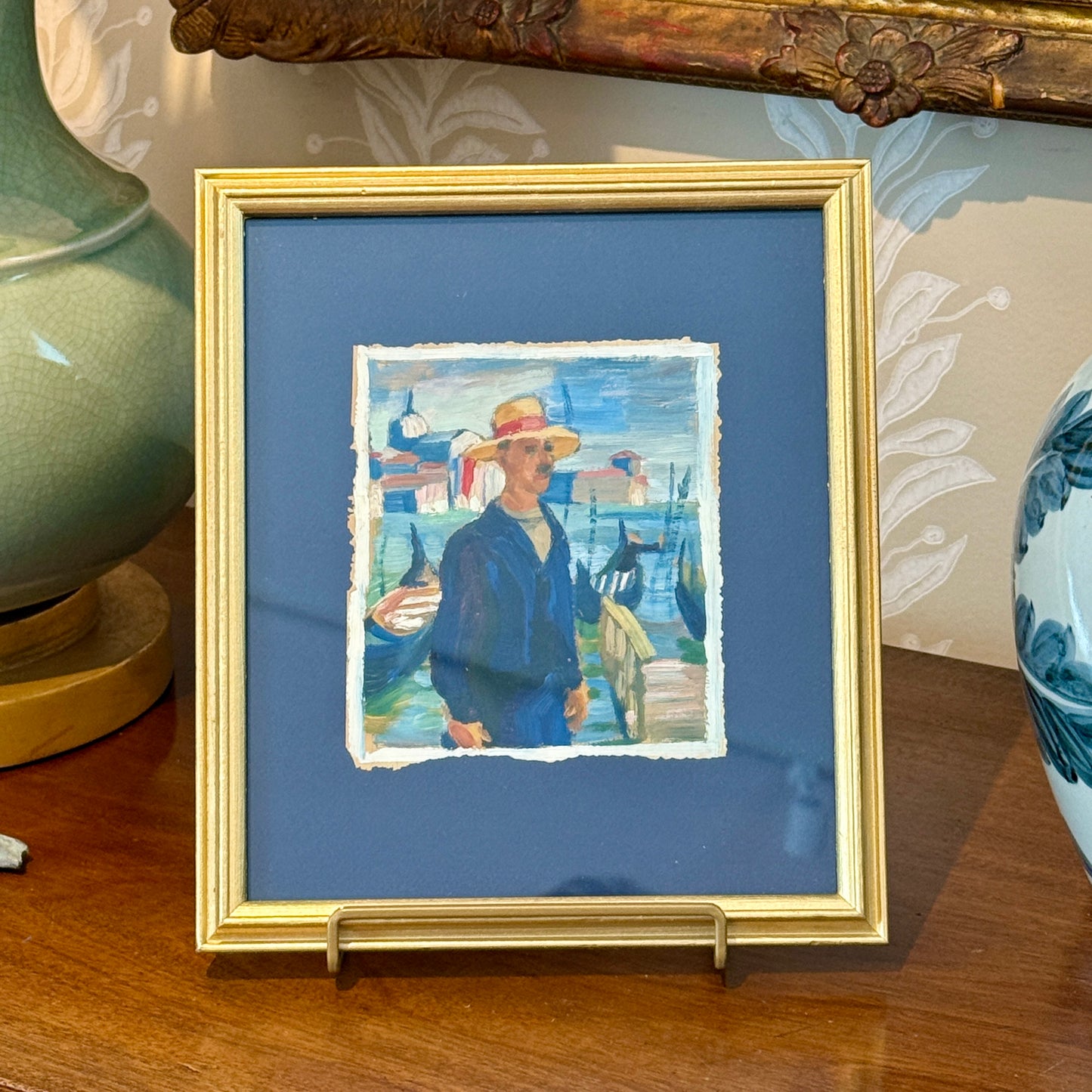 Victoria Donohue Venice Italy Gondolier Portrait on Navy Blue in Vintage Gold Frame