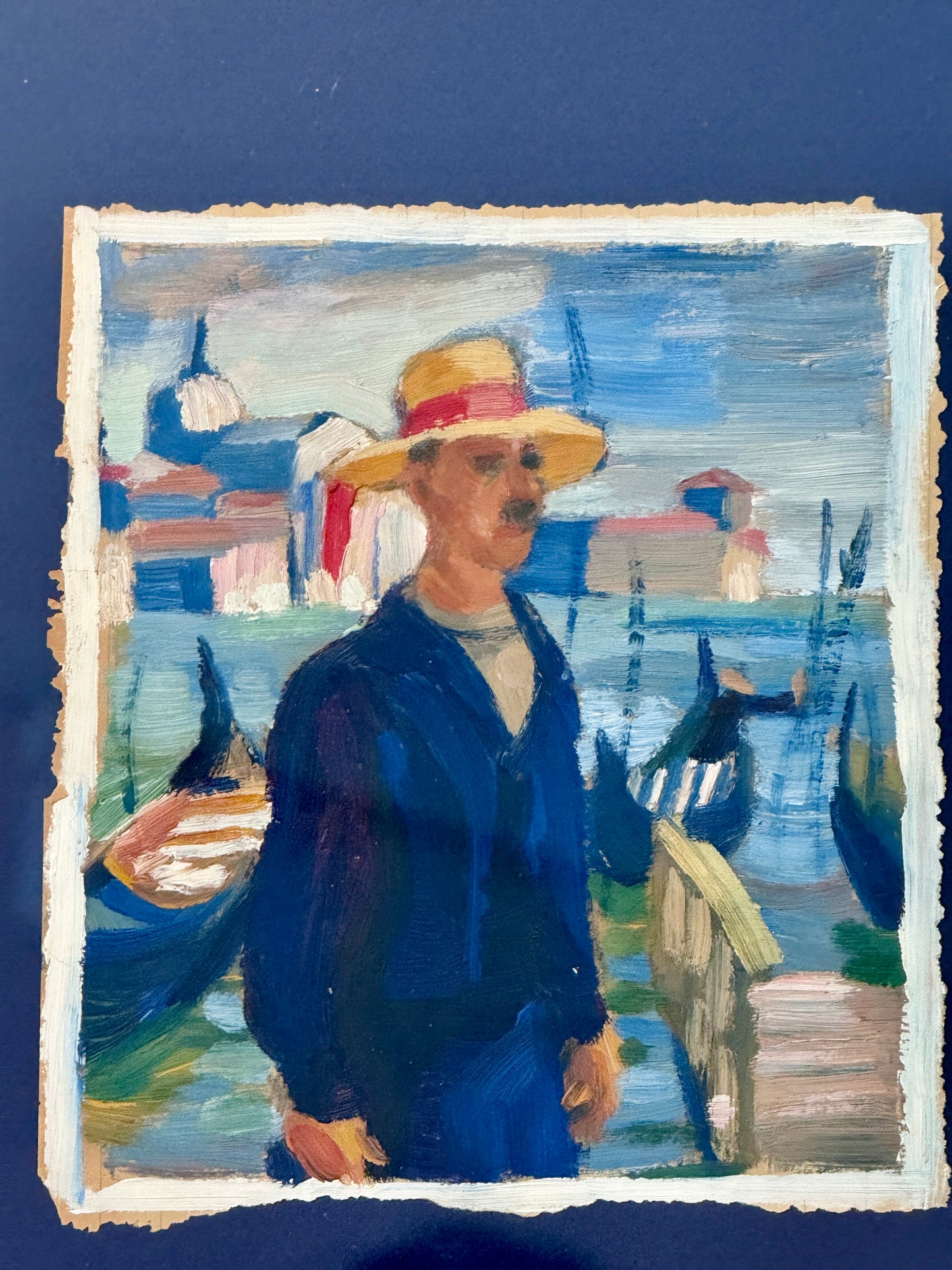 Victoria Donohue Venice Italy Gondolier Portrait on Navy Blue in Vintage Gold Frame
