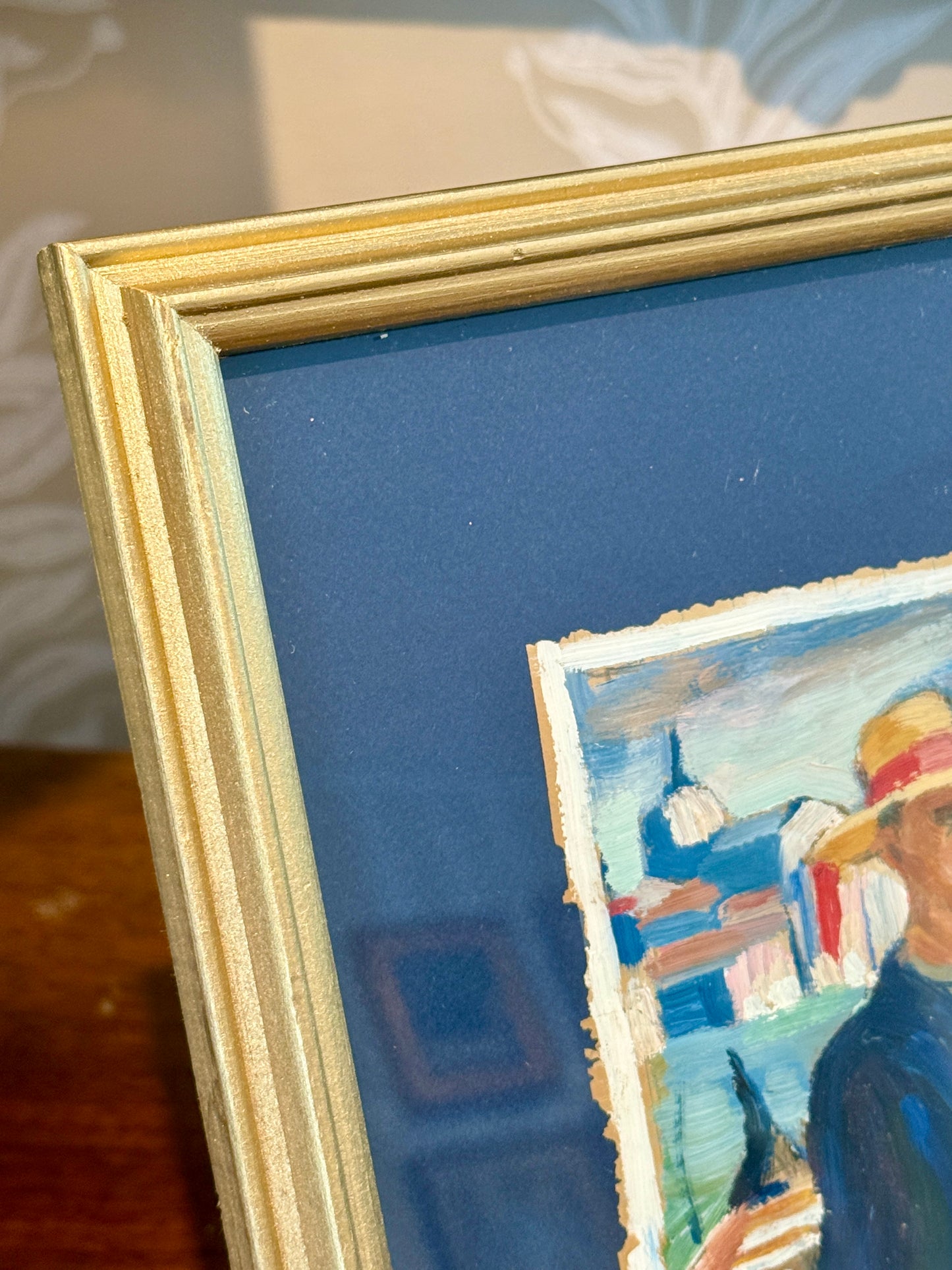 Victoria Donohue Venice Italy Gondolier Portrait on Navy Blue in Vintage Gold Frame