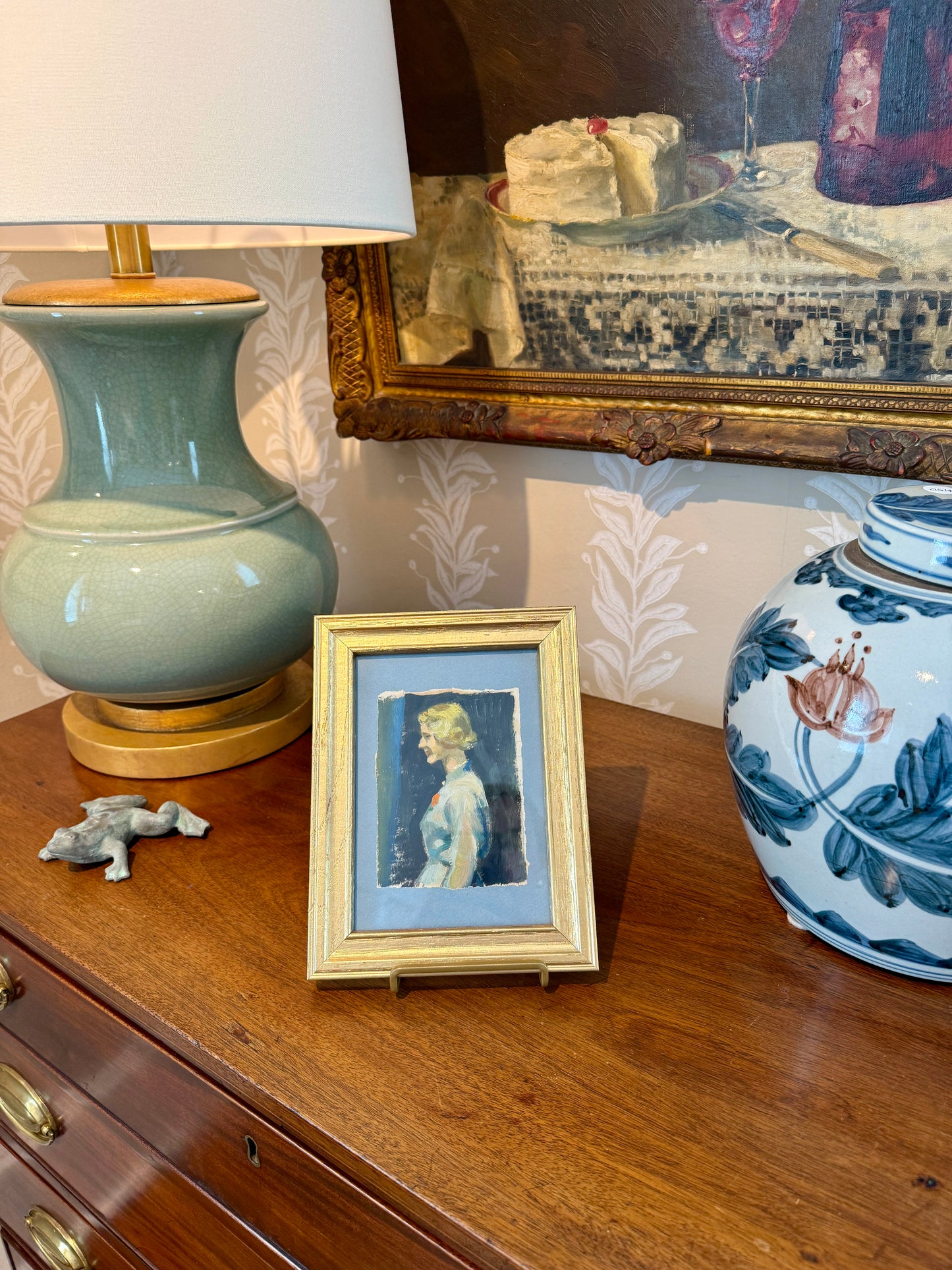 Victoria Donohue Blonde Lady Portrait on Light Blue Oil Painting in Vintage Gold Frame