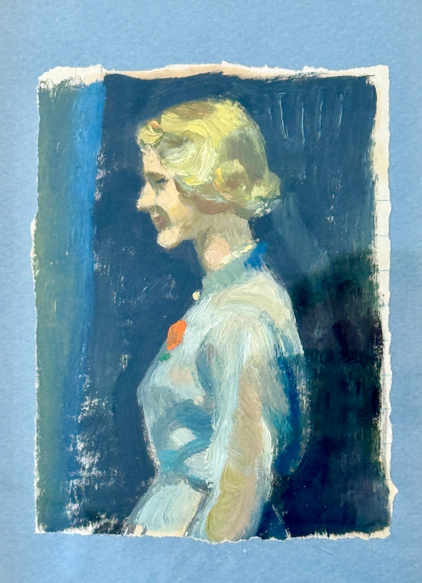 Victoria Donohue Blonde Lady Portrait on Light Blue Oil Painting in Vintage Gold Frame