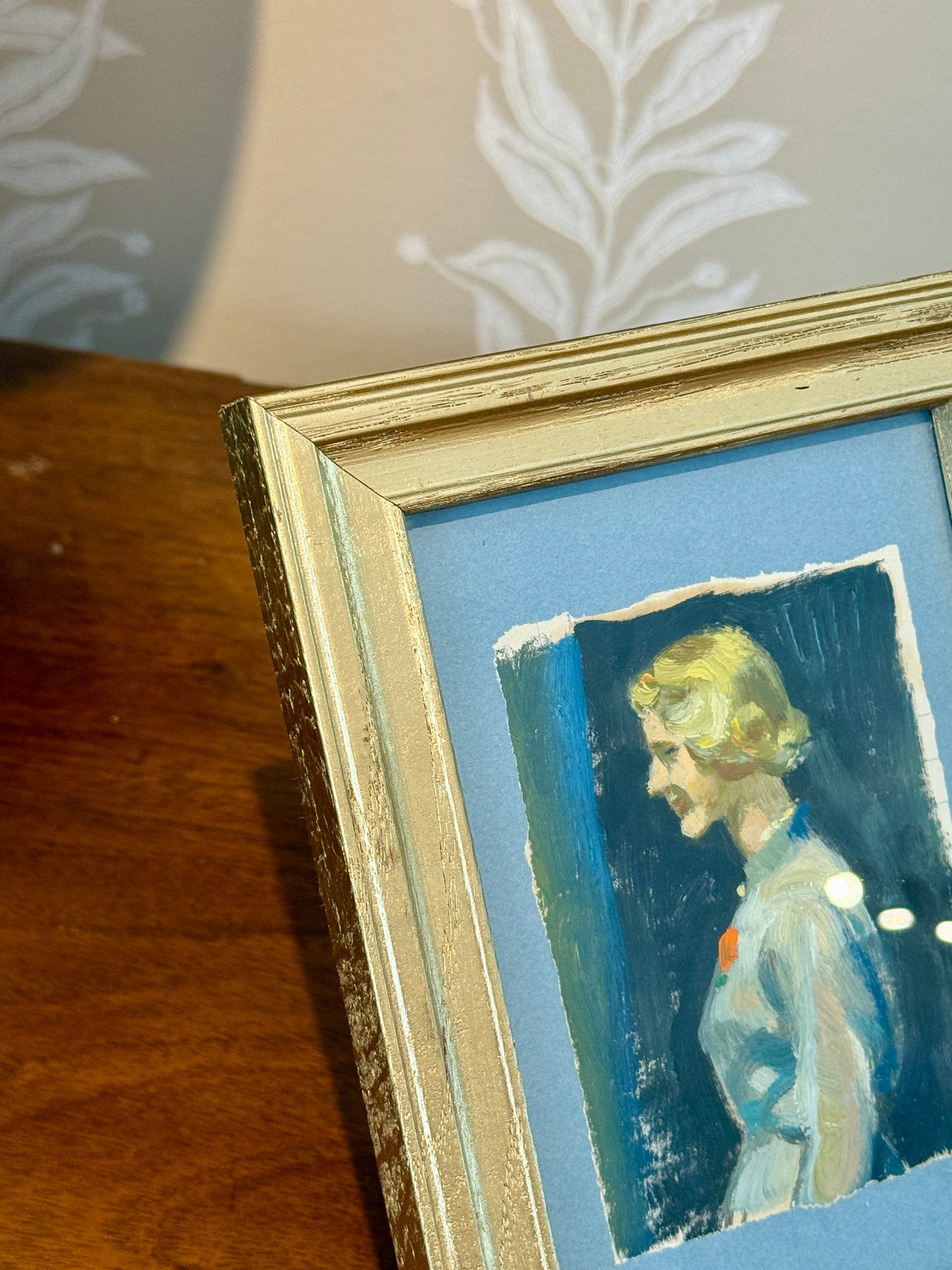 Victoria Donohue Blonde Lady Portrait on Light Blue Oil Painting in Vintage Gold Frame