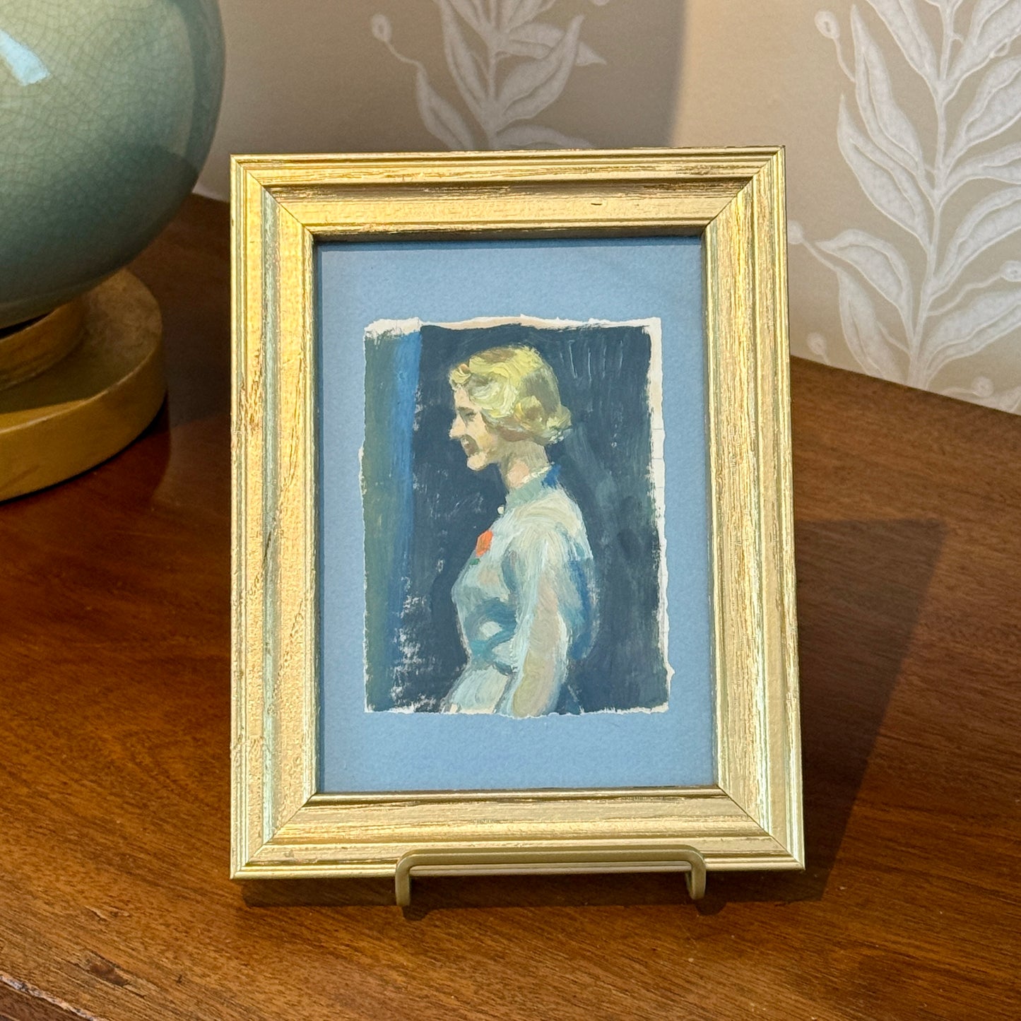 Victoria Donohue Blonde Lady Portrait on Light Blue Oil Painting in Vintage Gold Frame
