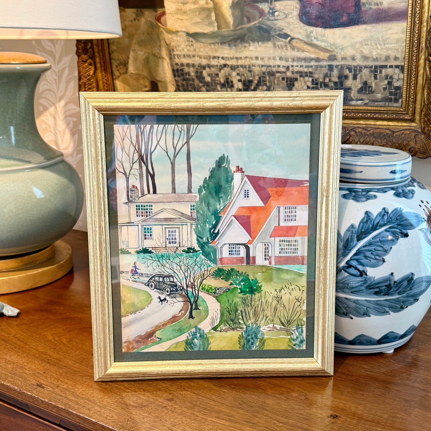 Victoria Donohue 1945 American Townscape Watercolor Landscape on Green in Vintage Gold Frame