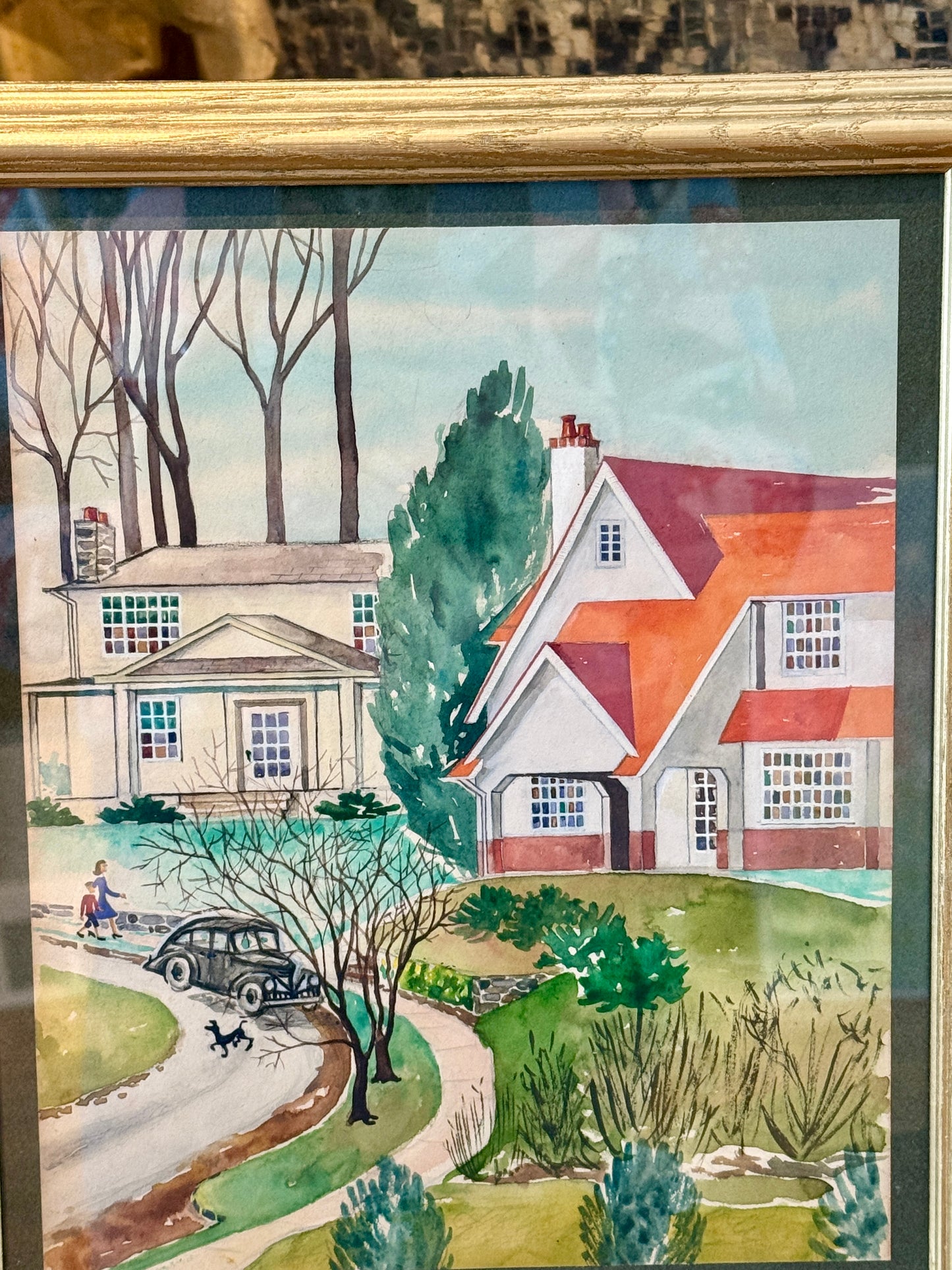 Victoria Donohue 1945 American Townscape Watercolor Landscape on Green in Vintage Gold Frame