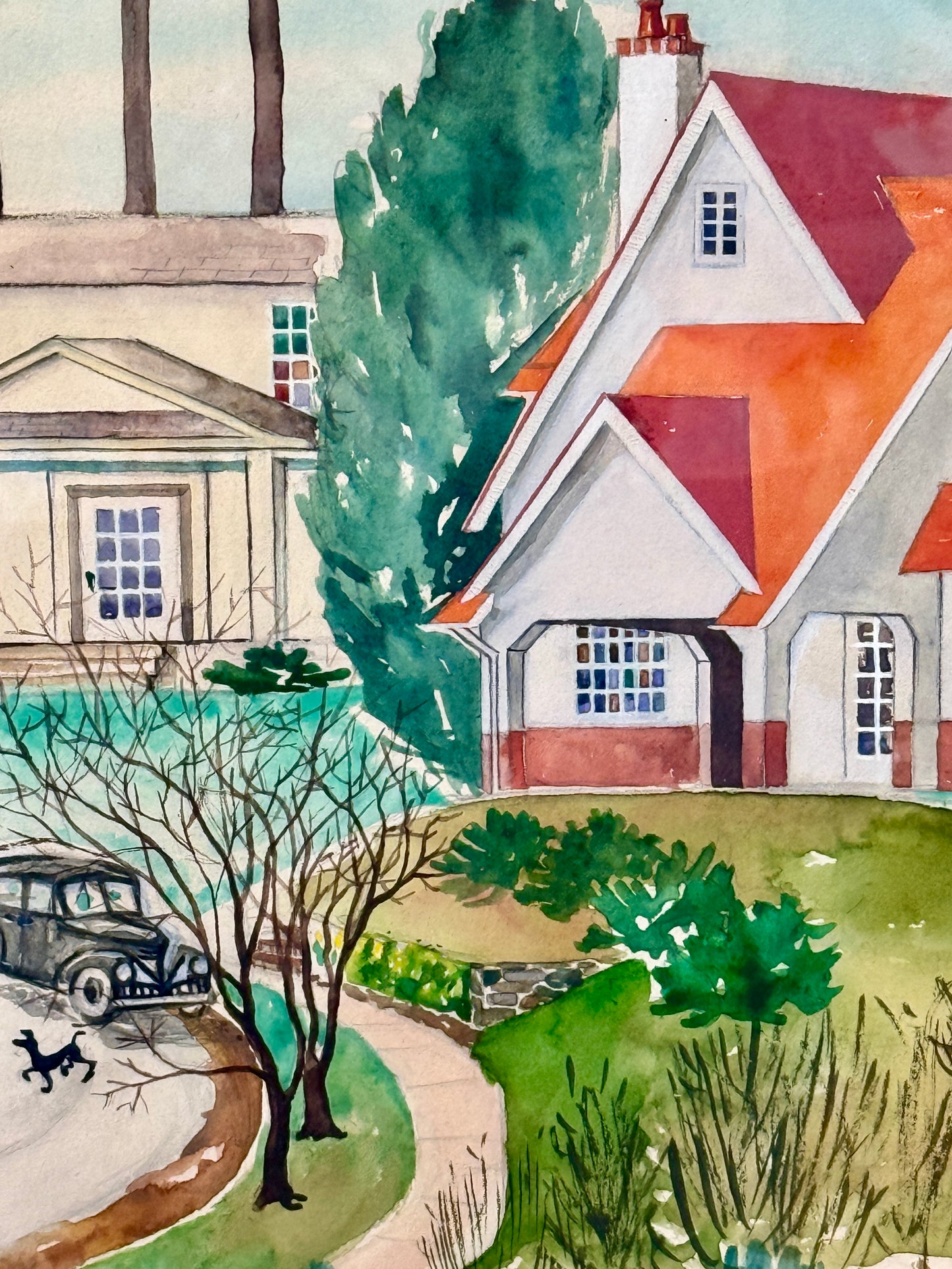 Victoria Donohue 1945 American Townscape Watercolor Landscape on Green in Vintage Gold Frame