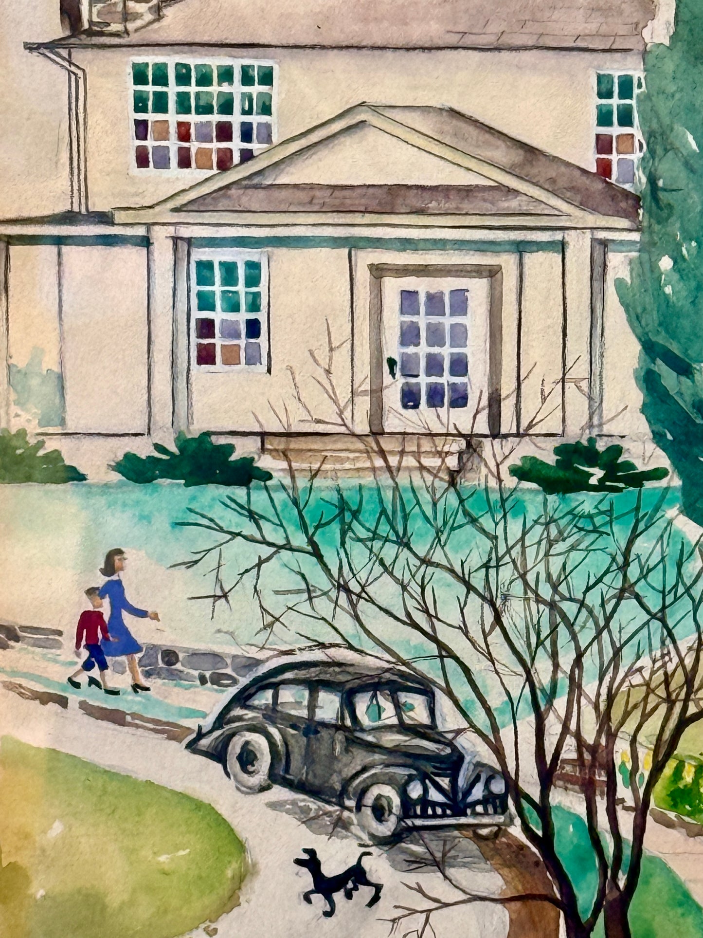 Victoria Donohue 1945 American Townscape Watercolor Landscape on Green in Vintage Gold Frame