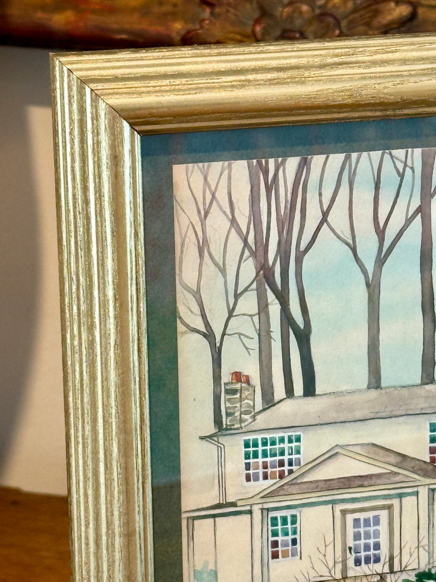 Victoria Donohue 1945 American Townscape Watercolor Landscape on Green in Vintage Gold Frame