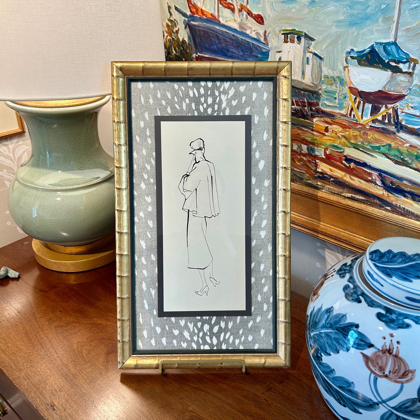 Catherine Figart Vogue Watercolor Fashion Illustration on Gray Antelope Desginer Fabric in Gold Bamboo Frame