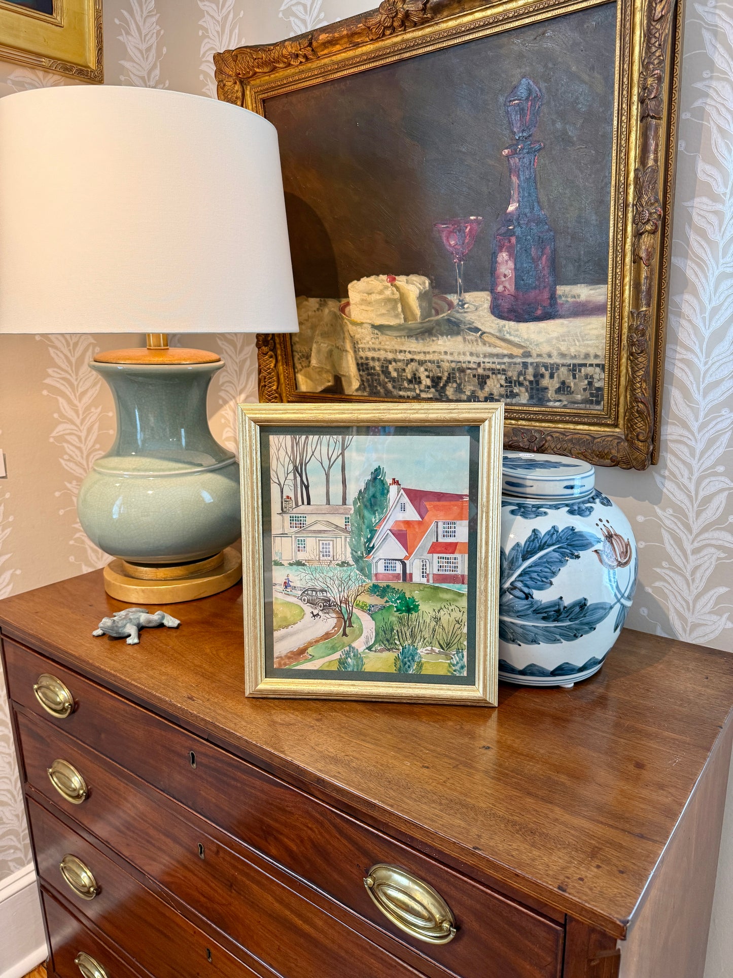 Victoria Donohue 1945 American Townscape Watercolor Landscape on Green in Vintage Gold Frame