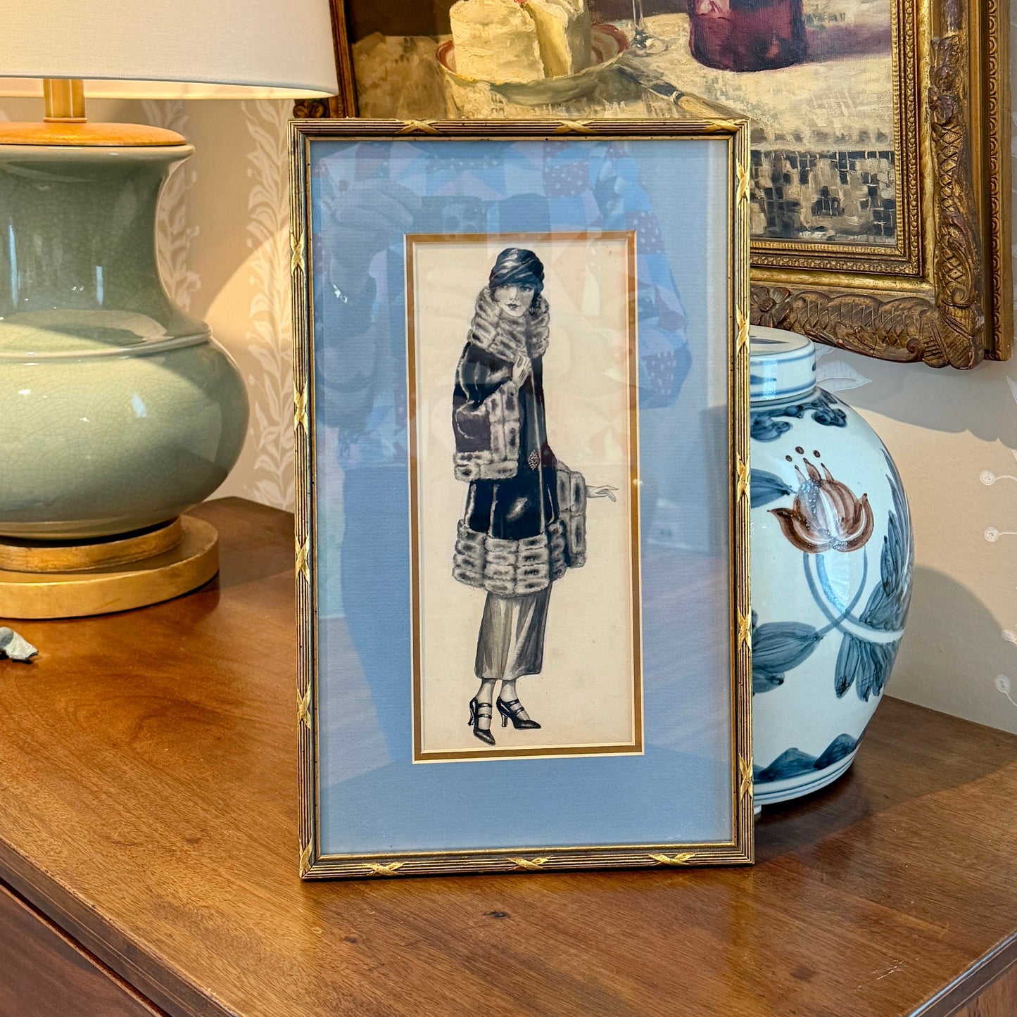 1920s Watercolor Portrait of a Woman in Fur In Gold Frame