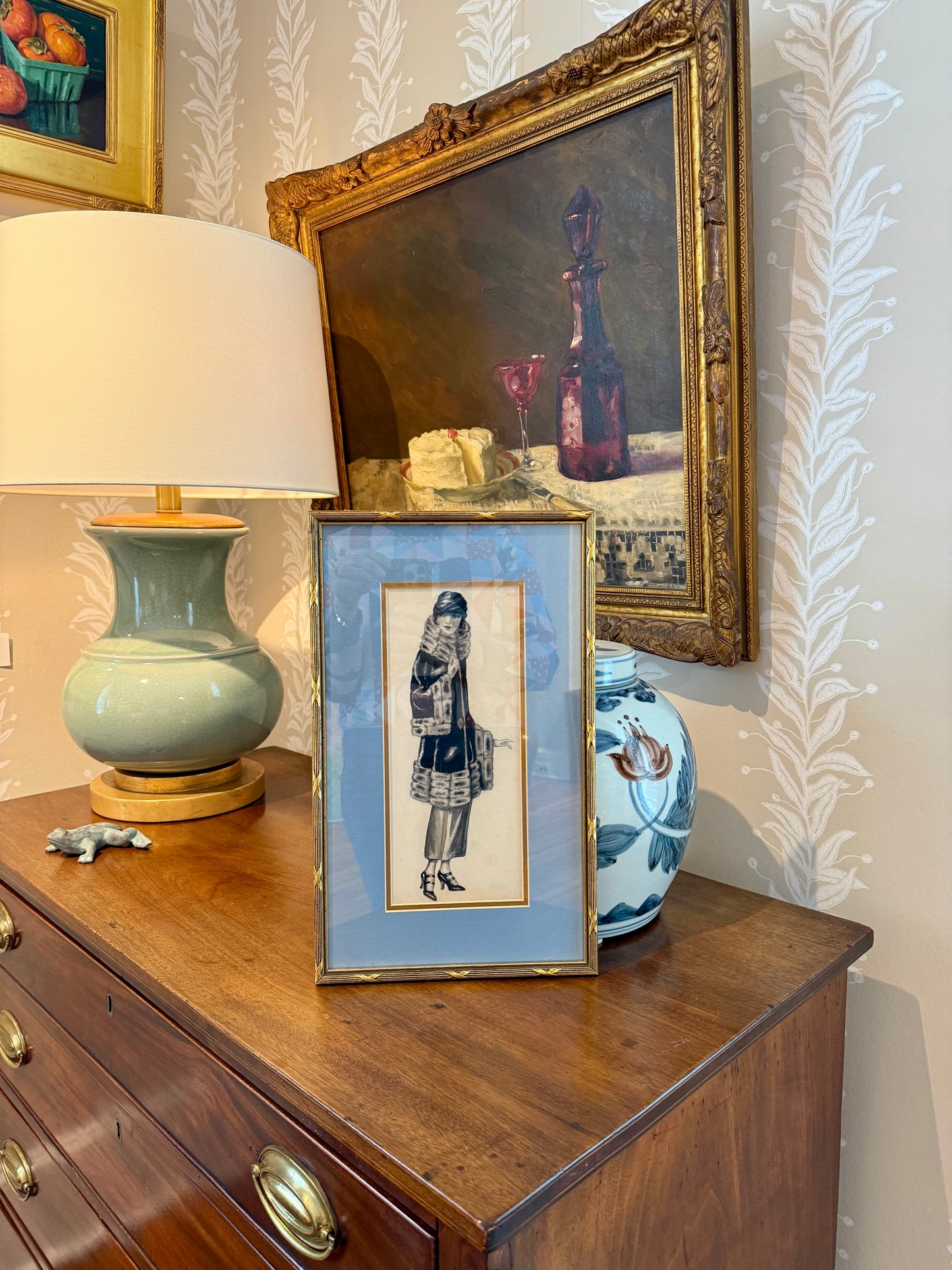 1920s Watercolor Portrait of a Woman in Fur In Gold Frame