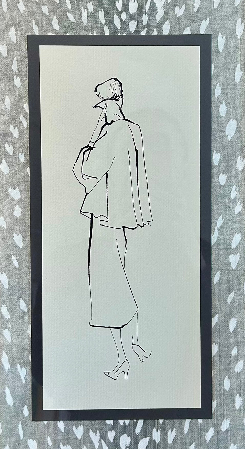 Catherine Figart Vogue Watercolor Fashion Illustration on Gray Antelope Desginer Fabric in Gold Bamboo Frame
