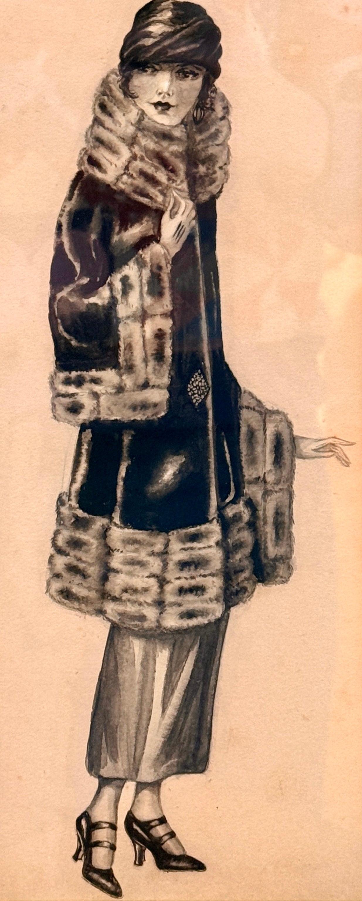 1920s Watercolor Portrait of a Woman in Fur In Gold Frame