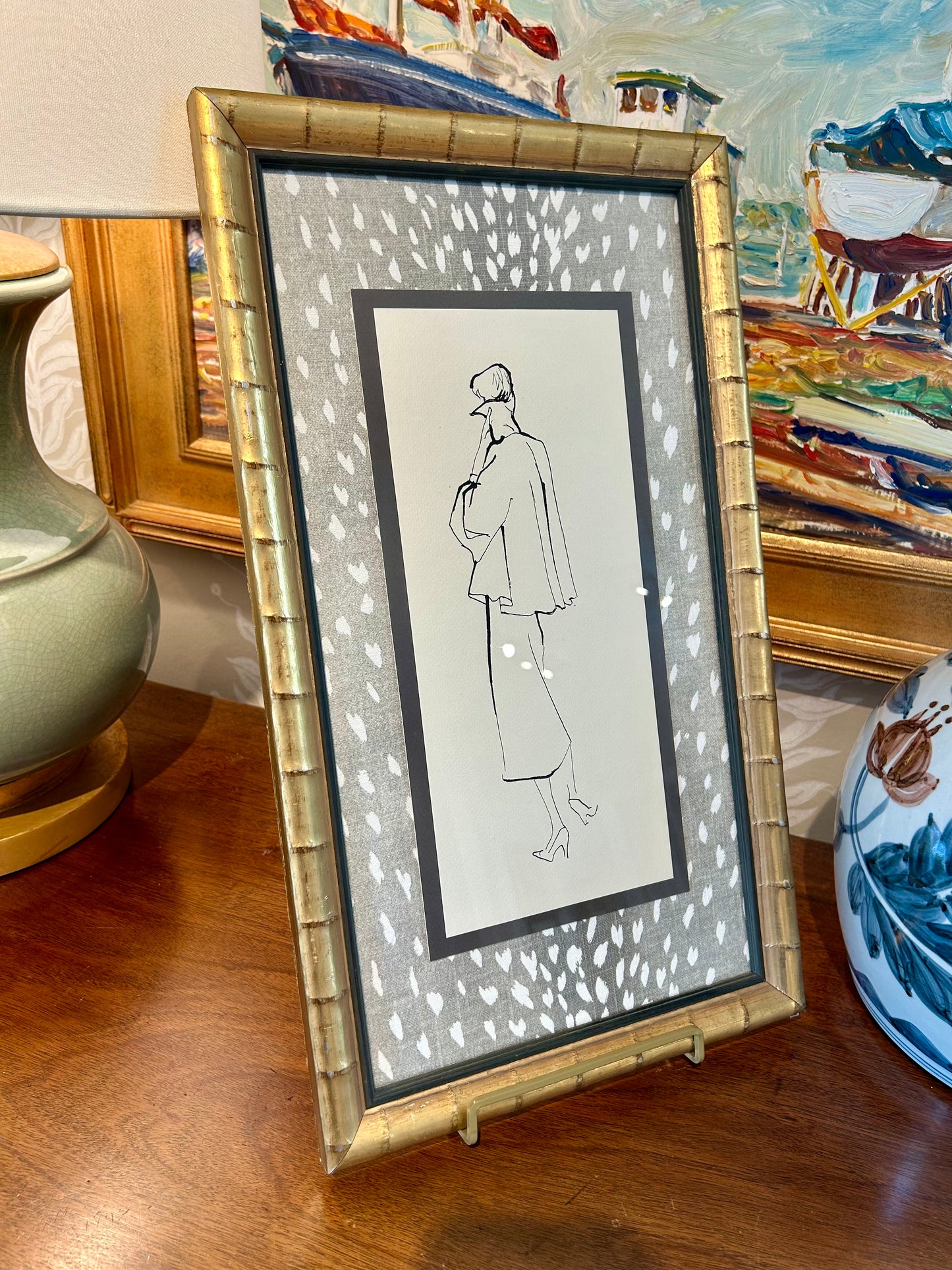Catherine Figart Vogue Watercolor Fashion Illustration on Gray Antelope Desginer Fabric in Gold Bamboo Frame