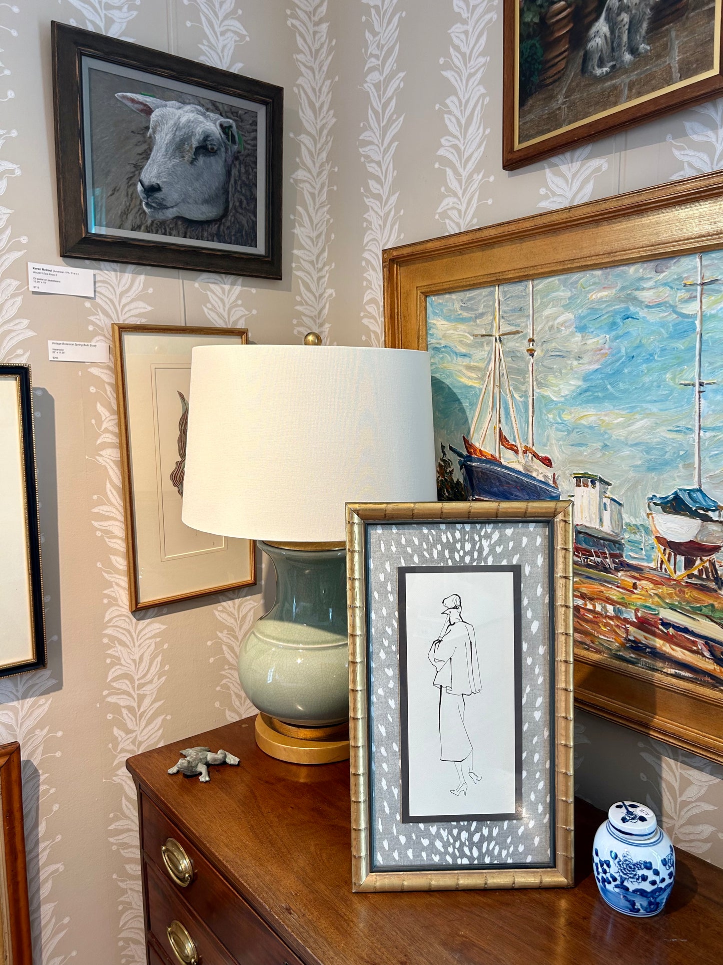 Catherine Figart Vogue Watercolor Fashion Illustration on Gray Antelope Desginer Fabric in Gold Bamboo Frame