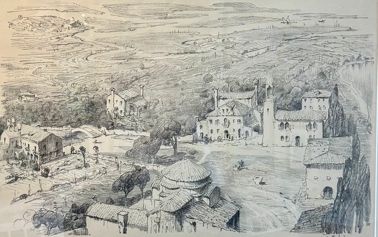 Vintage Sprawling Mediterranean Landscape Pencil Drawing in Gold Frame