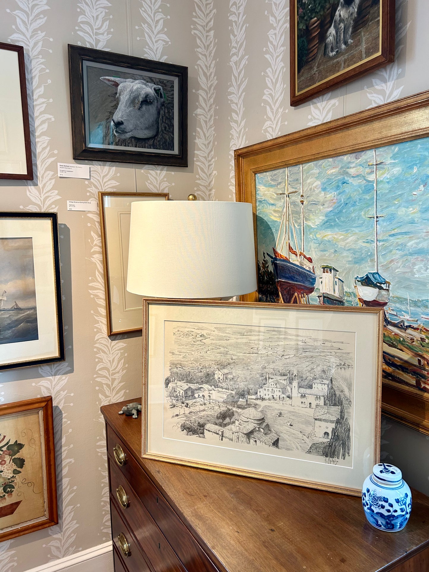 Vintage Sprawling Mediterranean Landscape Pencil Drawing in Gold Frame